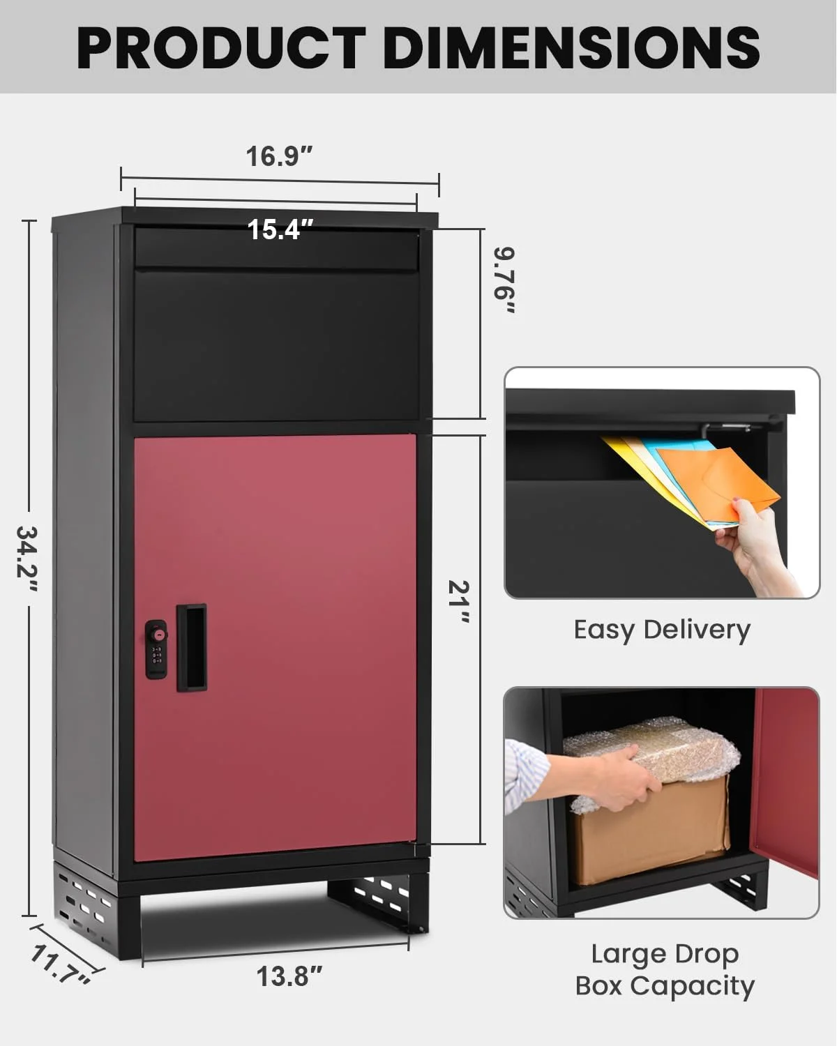 Lilypelle Outside Package Delivery Boxes, 17″ x 12″ x 34″ Large Galvanized Steel Wall and Floor Mount Locking Mailbox, Anti-Theft Delivery Box for Porch, IPX3 Waterproof