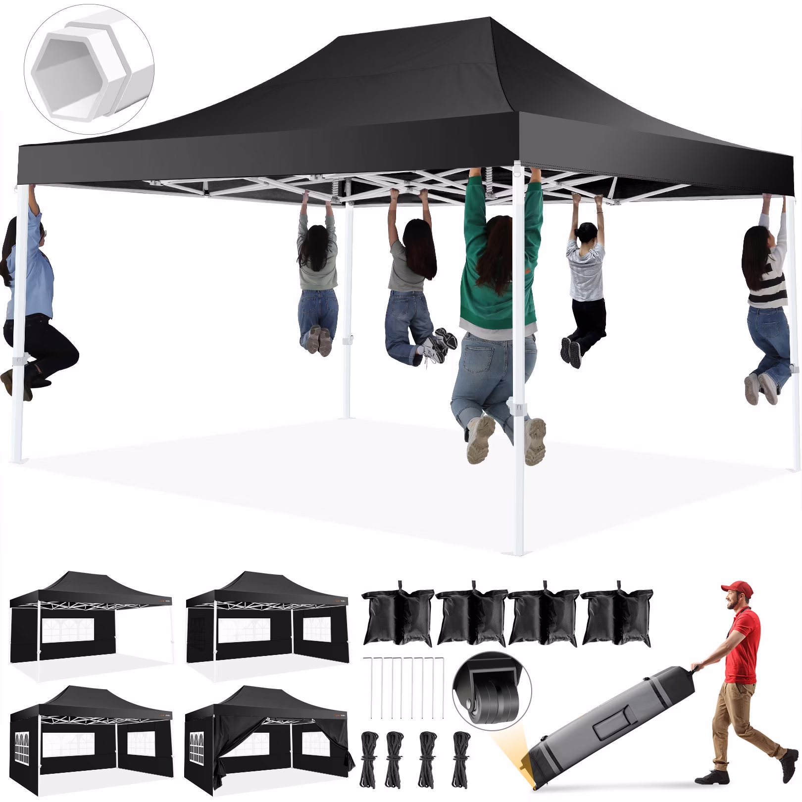 HOTEEL 10×15 Heavy Duty Canopy Tent – Commercial Pop Up with UV50+, Thick Hexagonal Frame, 4 Sidewalls, Anti-Pooling Design & Roller Bag (Black)