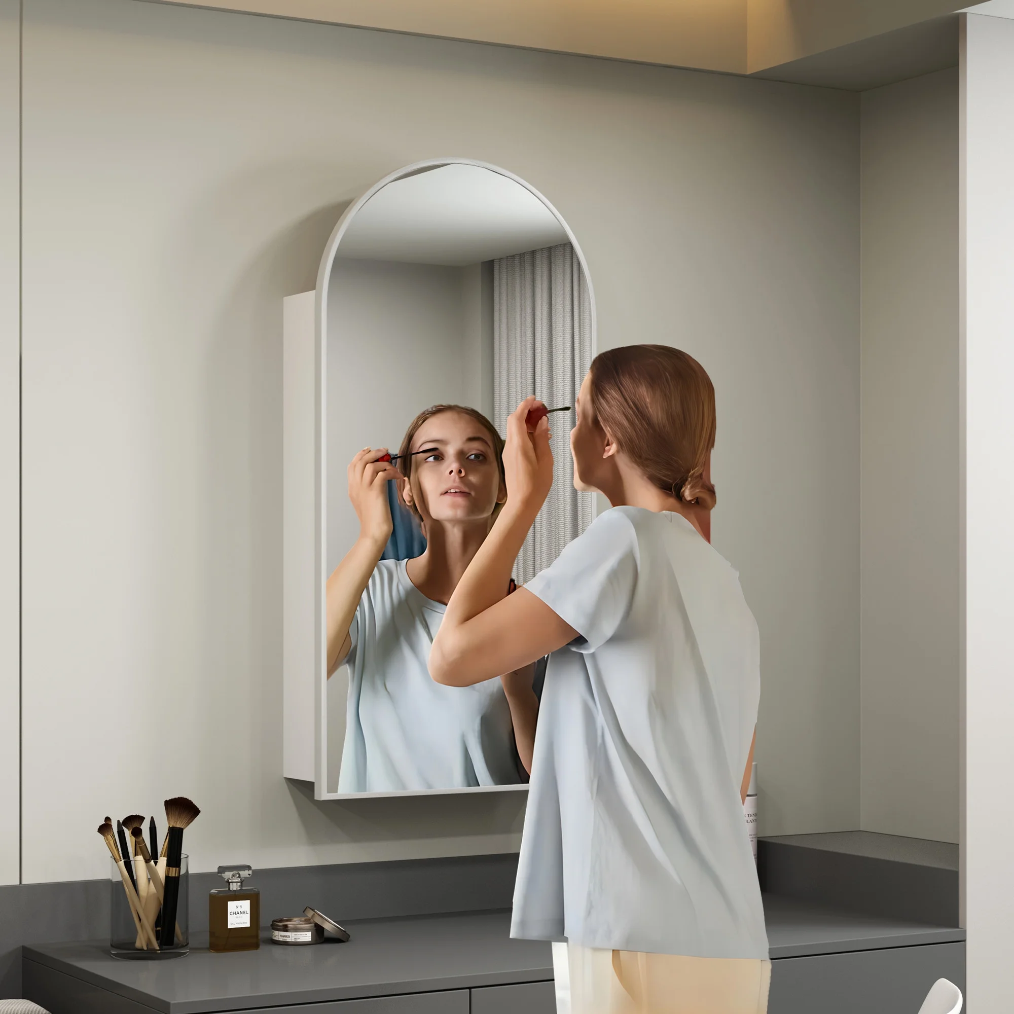 FKWin Arched Bathroom Medicine Cabinet with Mirror - Aluminum Framed Bathroom Mirror with Storage, Black Mirrored Medicine Cabinet, Wall Surface Mounted, 31.4"H x 15.7"W x 3.9"D