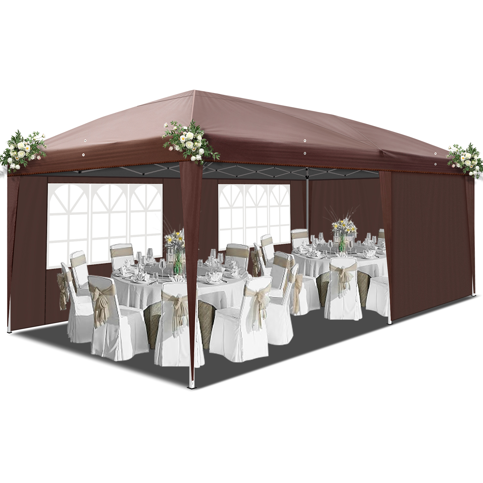 6m x 3m (20ft x 10ft) Dark Brown Waterproof Instant Pop Up Tent Portable Folding Shelter with 2 Windows, UV Protection, Heavy Duty for Camping, Outdoor Events, Market Stall, Backyard