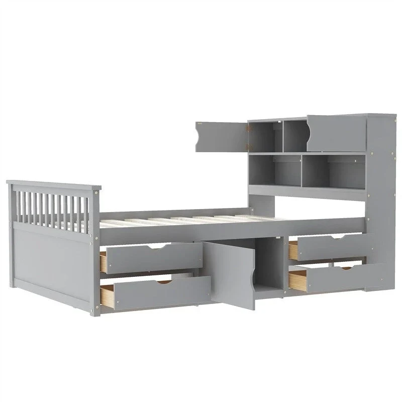Twin/Full Size Captain Platform Bed with 4 Drawers and Storage Shelves, Solid Wood Bed Frame with Storage Bookcase Headboard