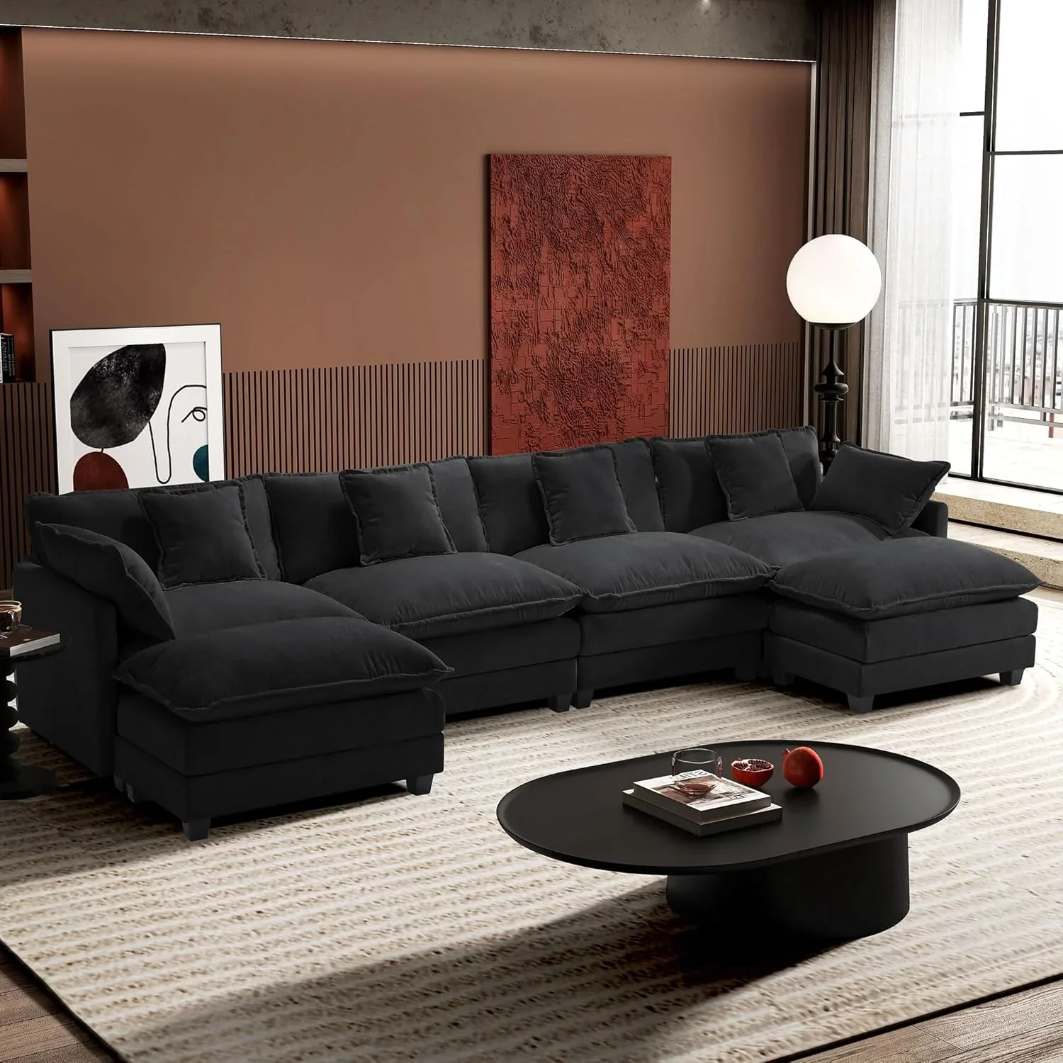 Ihanherry 146" U-Shaped Modern Sofa Modular Sectional Cloud Couch with 2 Ottoman, 6-Seat Chenille Deep Seat Sofa with 6 Pillows for Living Room, Bedroom and Apartment, Grey