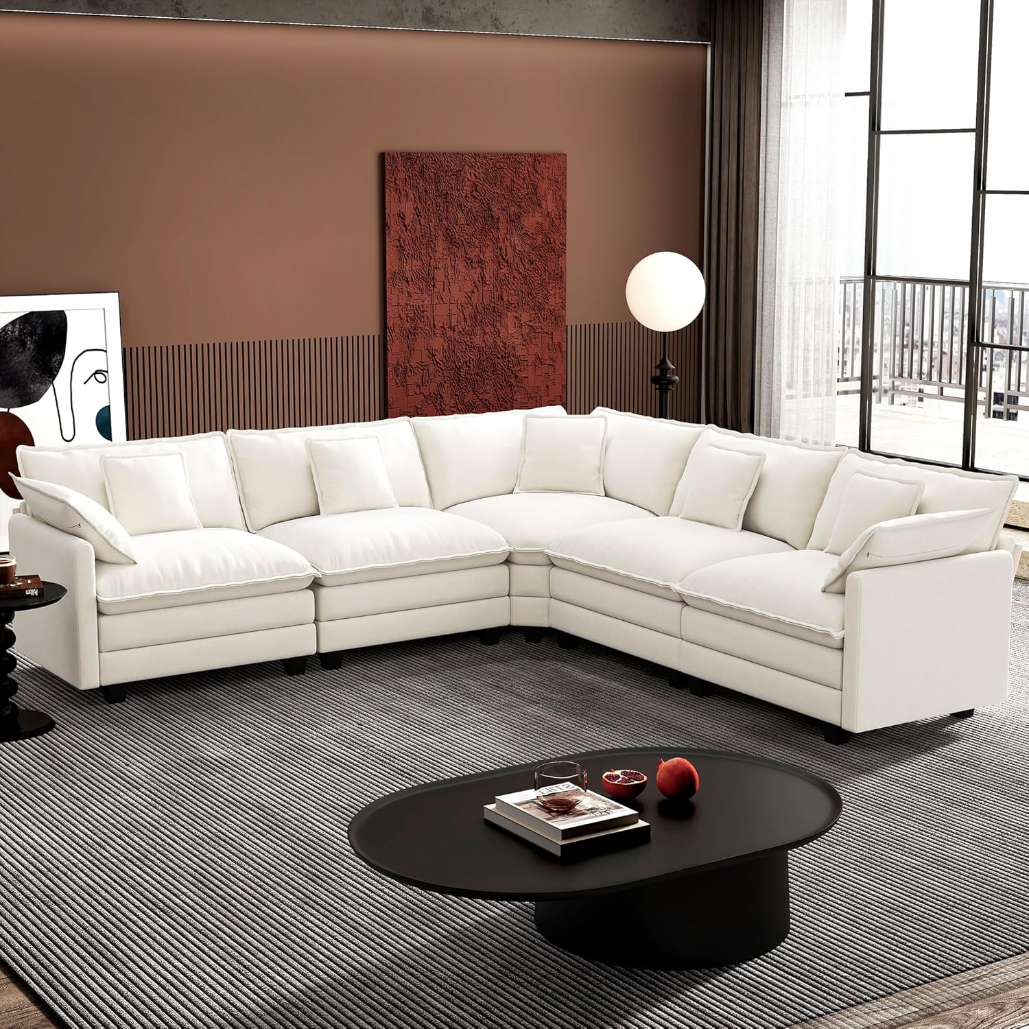 Ihanherry 146″ U-Shaped Modern Sofa Modular Sectional Cloud Couch with 2 Ottoman, 6-Seat Chenille Deep Seat Sofa with 6 Pillows for Living Room, Bedroom and Apartment, Grey
