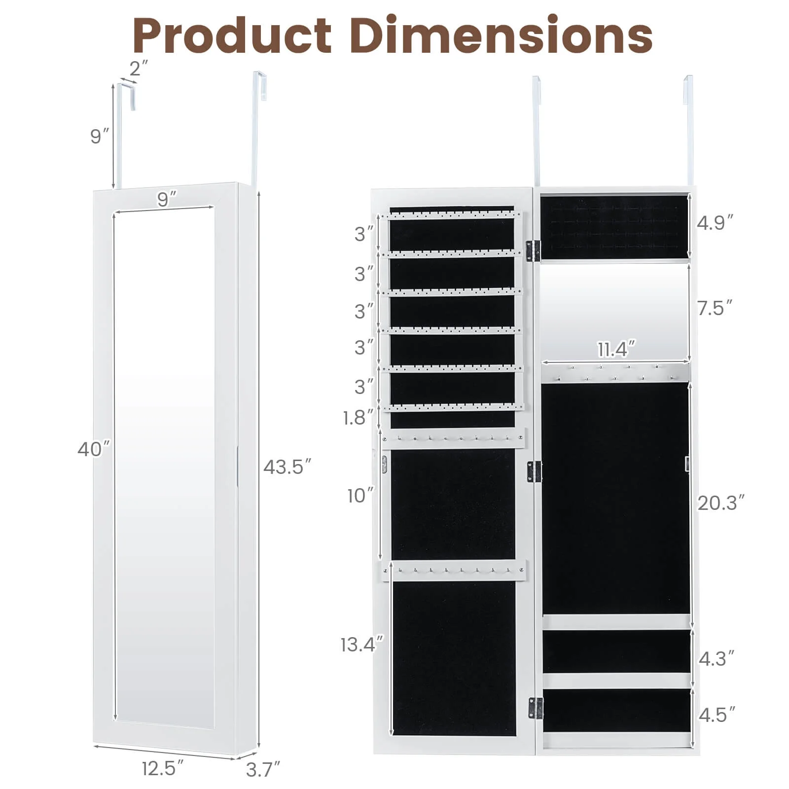 Costway Wall Door Mounted Mirrored Jewelry Cabinet Storage Organizer-Black