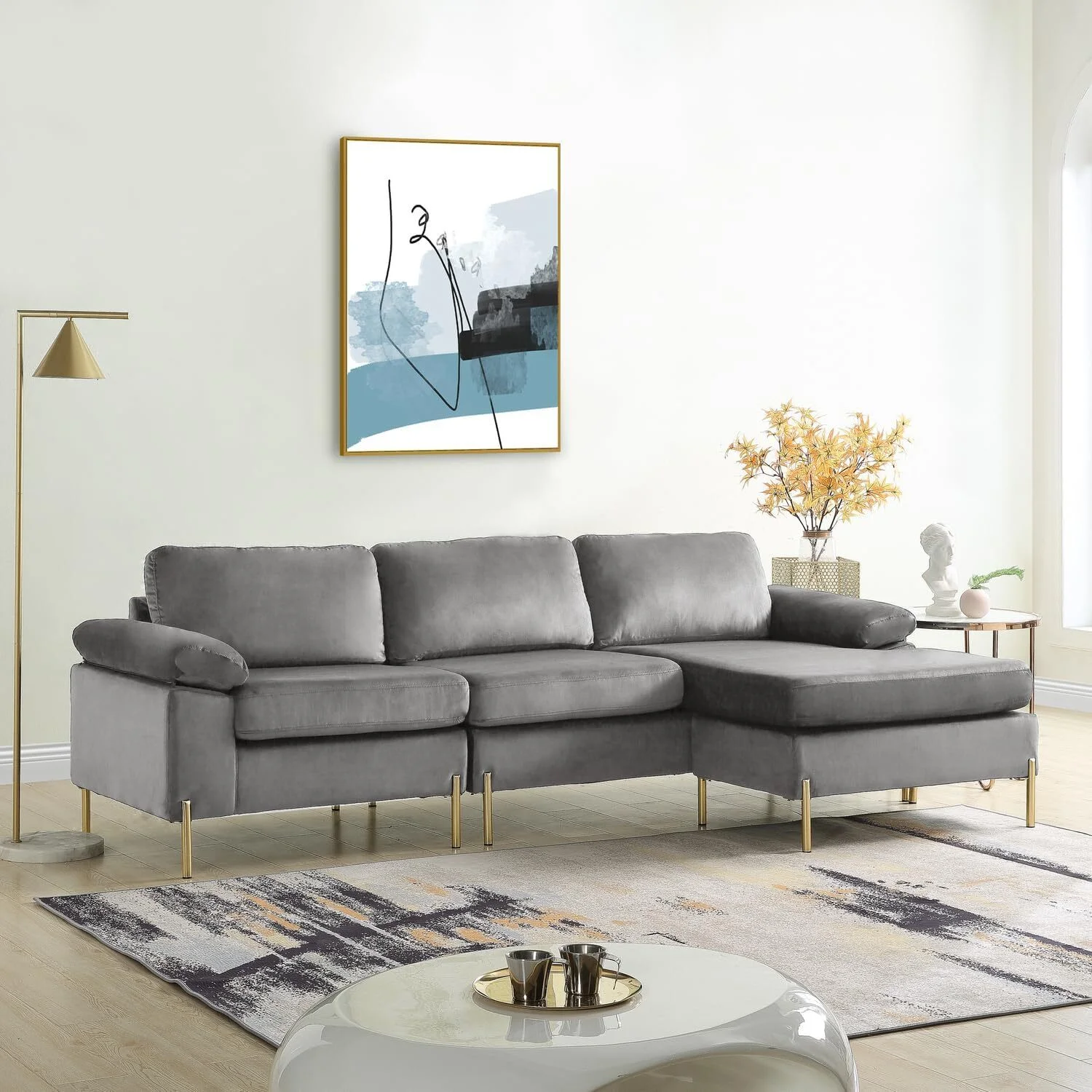 HomeStock Luxe Modern Velvet L-Shape Sectional Sofa with Square Padded Armrests, Solid Pattern Upholstery - 51.6"D x 101.2"W x 33.1"H, Comfortable and Stylish Seating for Living Room-Color:Gray/Gold