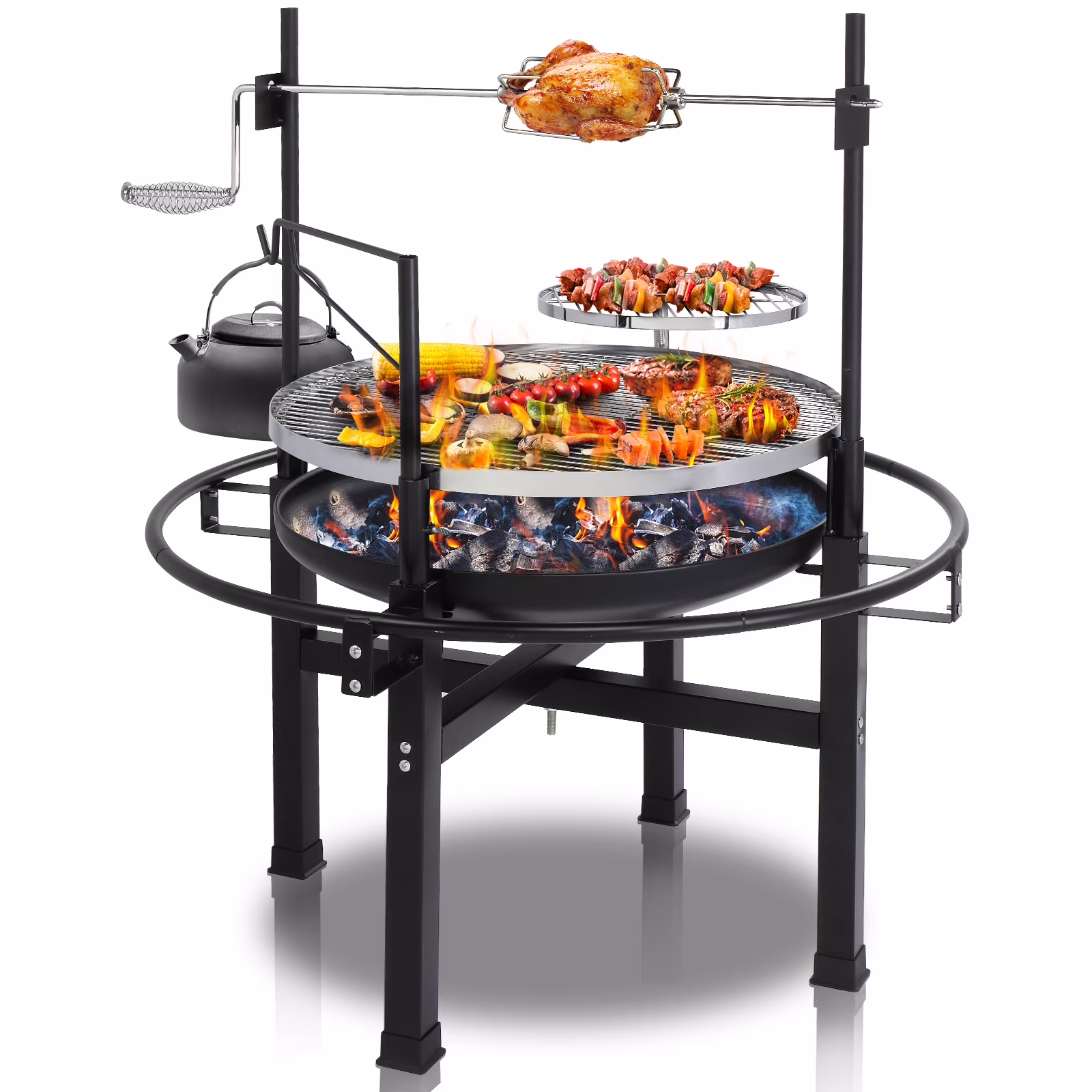 Hassch Round Iron Spray Grill Barbecue Grill Charcoal Grill Outdoor Grill Rotisserie Grill Grilling Grate Portable Outdoor Grill 33″L x 33″W x 43″H, Black