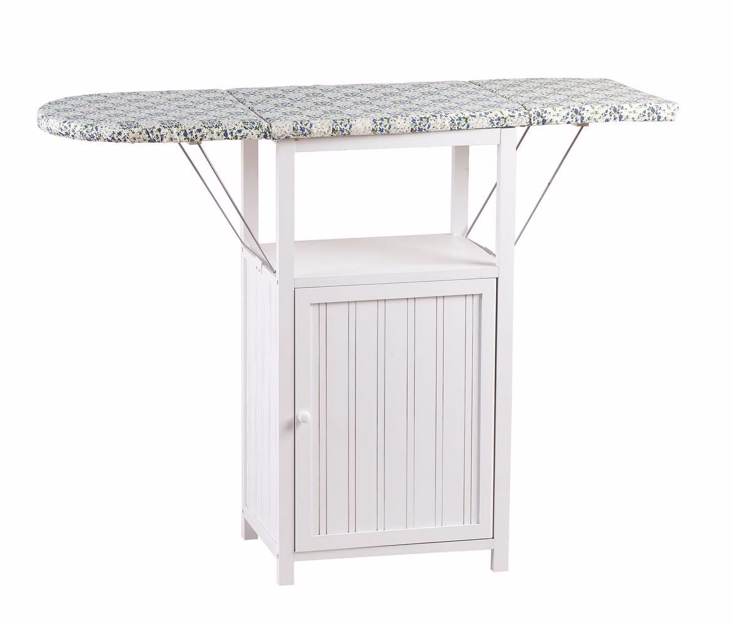 OakRidge Deluxe Ironing Board with Storage Cabinet, Perfect for Small Spaces with Extra Storage, Folding Station, Crafted with 100% Durable Wood, White Design C Measures 36.5″ H x 15.5″ W x 23″ L