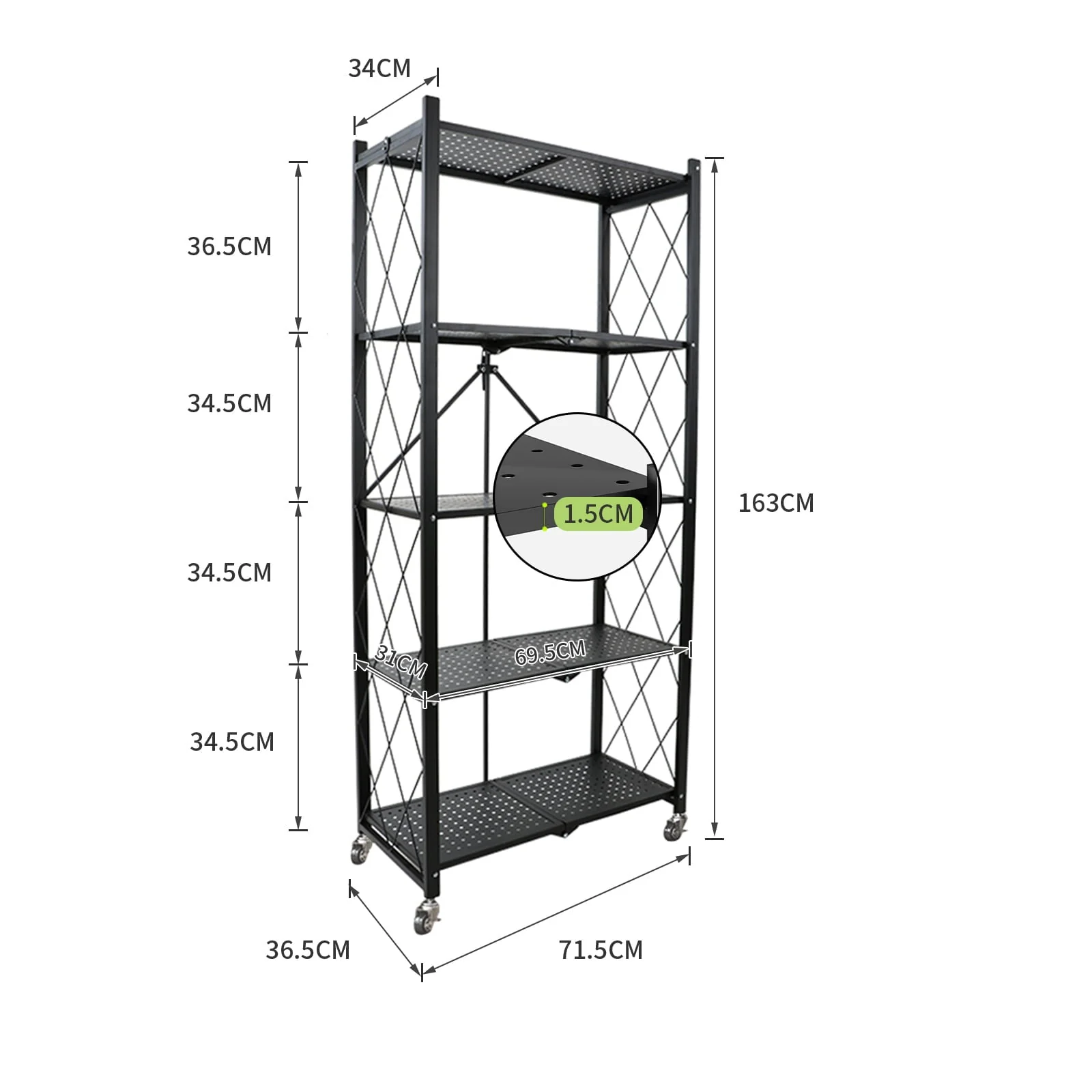 Foldable 28.35''W x 14.96''D x 63.19''L Storage Shelving Unit,Heavy Duty Metal Shelf,Foldable Shelf with Wheels,Garage Shelf Rack,Heavy Duty Pantry Organizer
