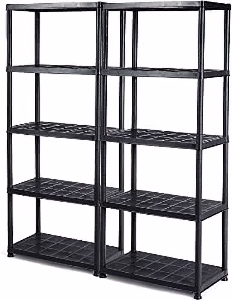 5 Tier Plastic Storage Shelves, Easy to Assemble Garage Rack, Multi-Use Free Standing Shelf Unit, Heavy Duty Shelving for Home Office, Black(2, 36L X 18W X 73H)