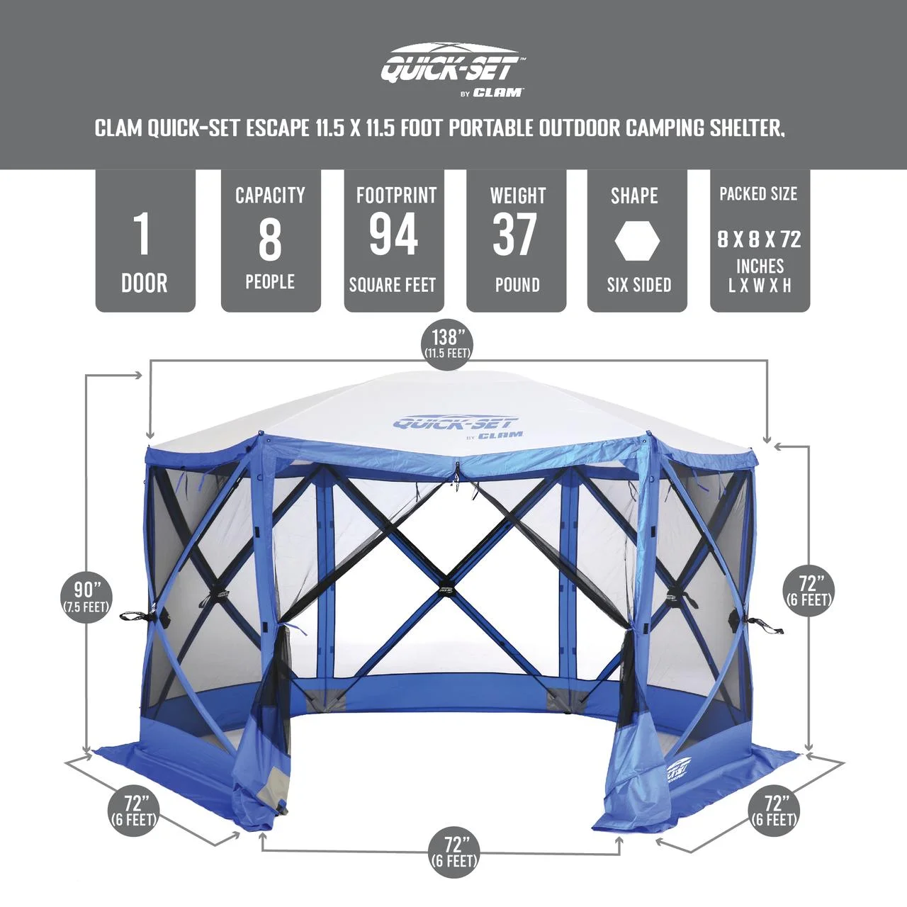 CLAM Quick-Set Escape Sport 11.5 x 11.5 Foot Tailgating Canopy Tent, Blue
