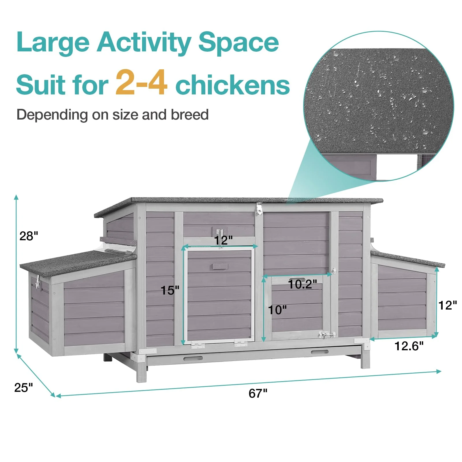BUTINGLALE Chicken Coop, Outdoor Hen House Poultry Cage with Nesting Box, Leakproof Pull Out Tray and UV-Resistant Roof (67" L x 25" W x 28" H)