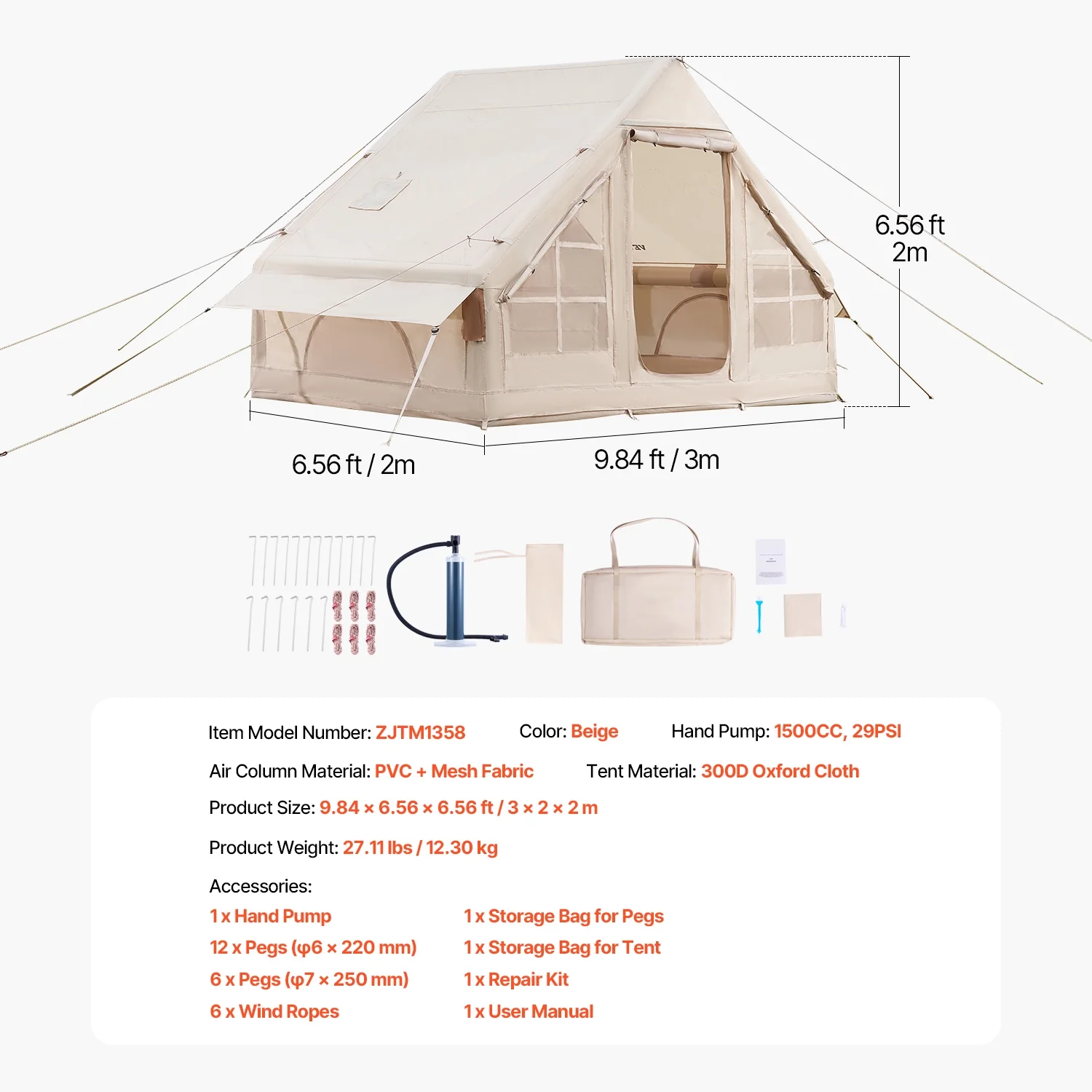 KFFKFF Inflatable Camping Tent for 3-5 Person, 9.84 x 6.56 x 6.56 Ft 300D Oxford Fabric Glamping Blow up Tent with Hand Pump, Waterproof Air Tent with Stove Jack