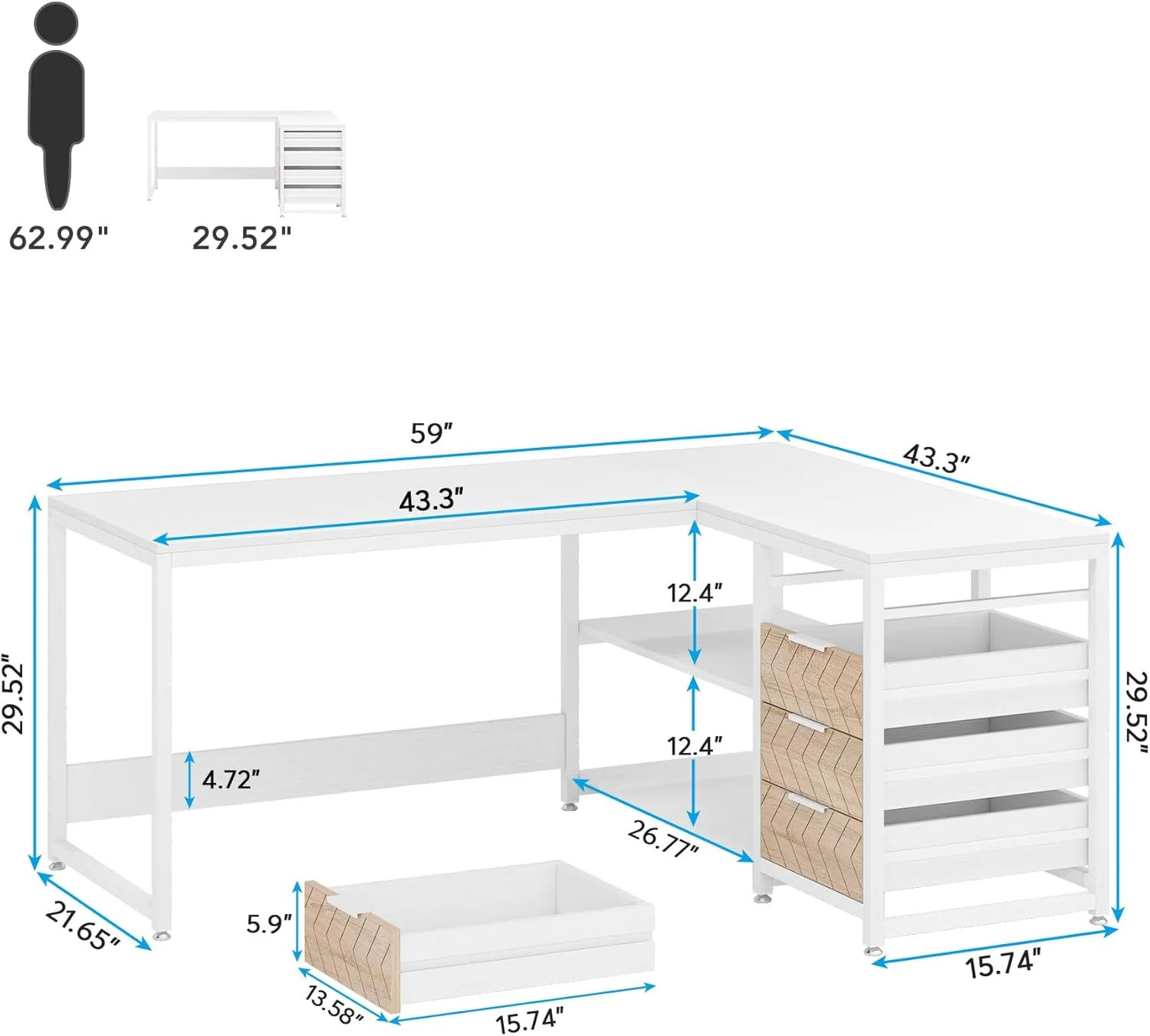 Tribesigns 59″ L-Shaped Office Desk, Modern Reversible Computer Study Desk for Home Office, White