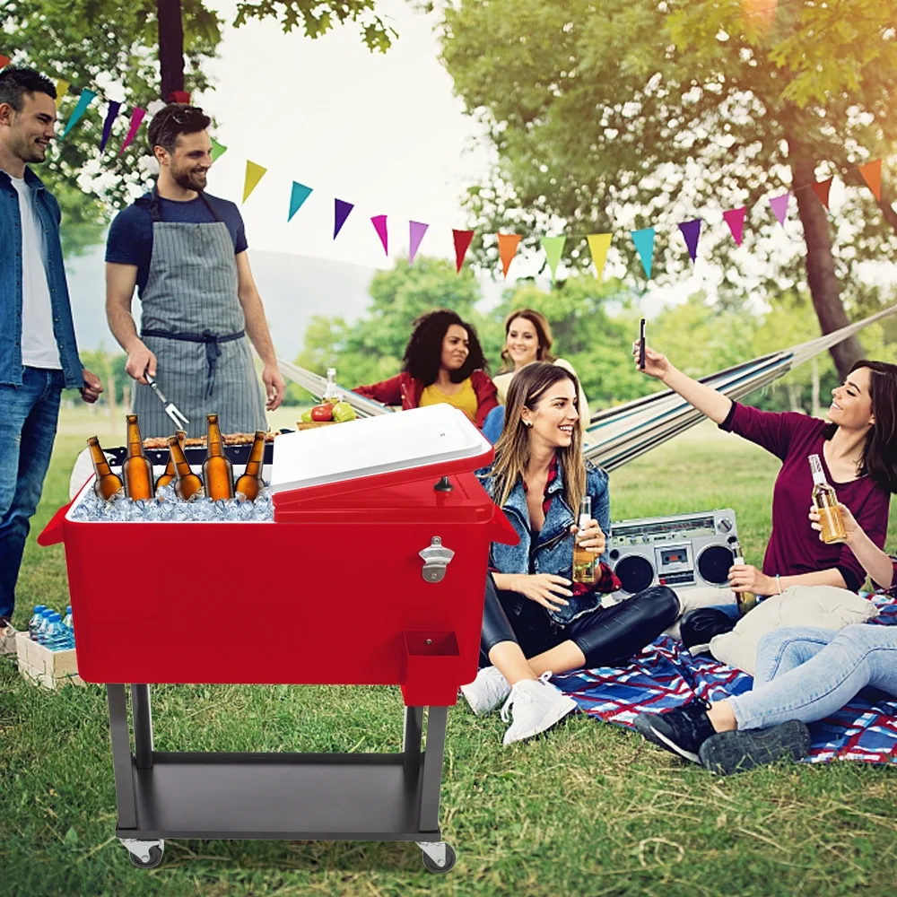 80Qt All-In-One Cooler Cart With Bottle Opener, Lower Storage Shelf and Cap Catcher, Outdoor Party Rolling Cooler With Lockable Wheels For Pool Side, Patio, Balcony, Mint(33.07 x 15.16 x 35.83)"