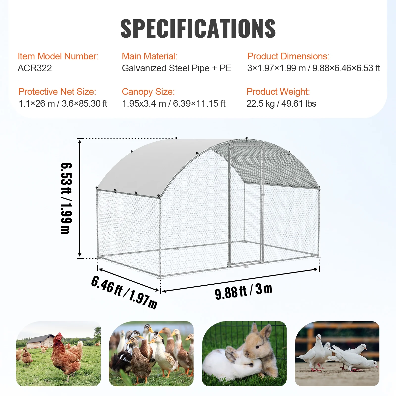 KFFKFF Metal Chicken Coop 9.8 x 6.5 x 6.5 ft Dome Roof Poultry Cage Chicken Run with Waterproof Cover Large Outdoor Walk in Chicken Coop Cage for Backyard, Farm