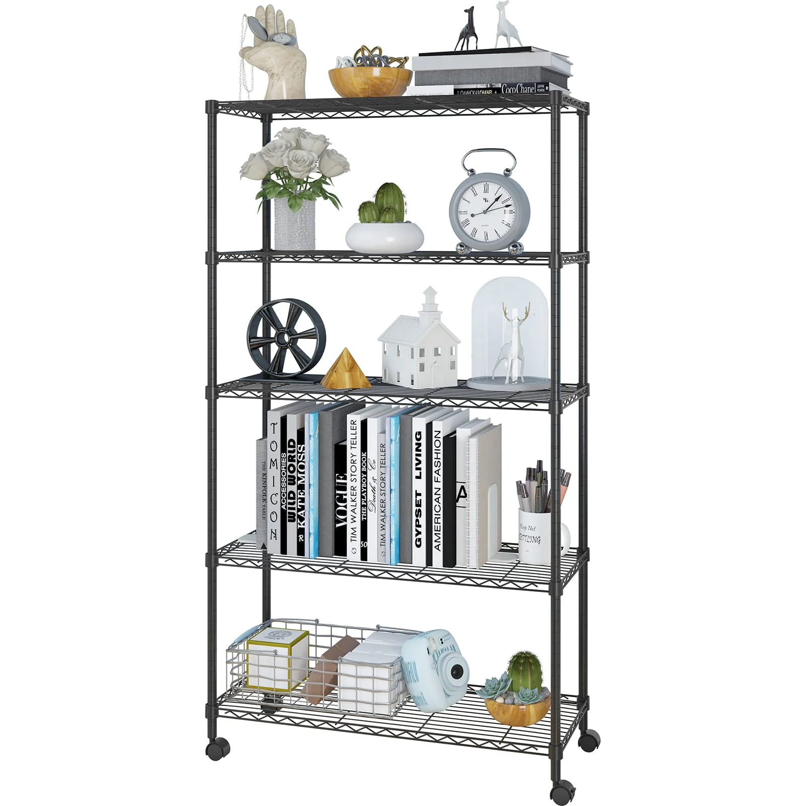 Zimtown 5-Shelf Metal Storage Rack, 35"L x 14"W x 65" H Wire Shelving Unit with Wheels Black for Kitchen Garage, Capacity for 200 lbs Per Shelf