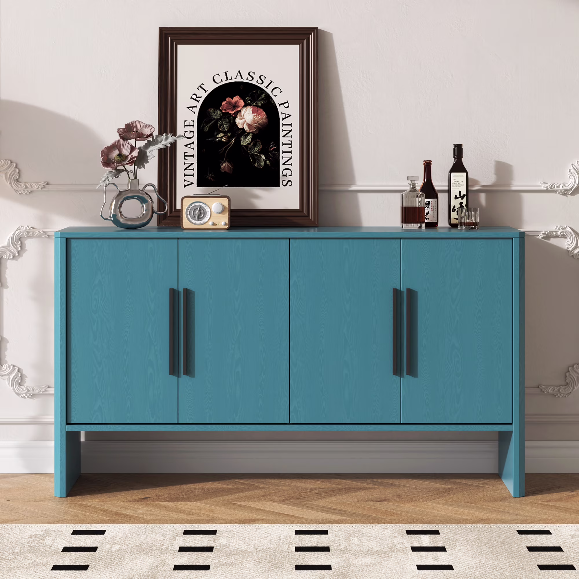 Accent Cabinet with 4 Doors, TUANLUO Buffet Cabinet with Adjustable Shelves, Wood Storage Cabinet, Modern Accent Cabinet Furniture for Hallway Entryway Living Room, 59″L x 15.7″W x 33.2″H, Blue