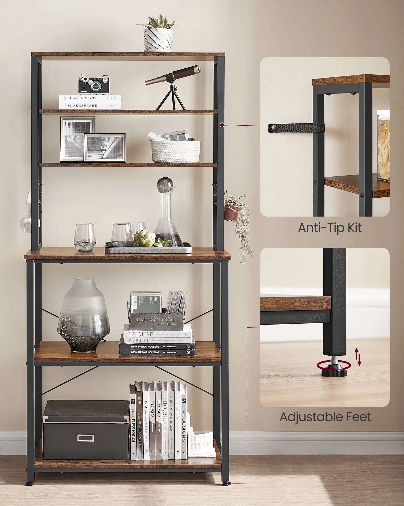 VASAGLE Baker's Rack Microwave Oven Stand Kitchen Tall Utility Storage Shelf 6 Hooks and Metal Frame Industrial 15.7 x 31.5 x 65.7 Inches Rustic Brown and Black