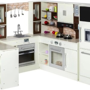 BRINJOY Kids Modular Wooden Kitchen Playset with Light & Sound, Corner Kitchen, Fridge & Storage – Perfect Gift for Toddlers