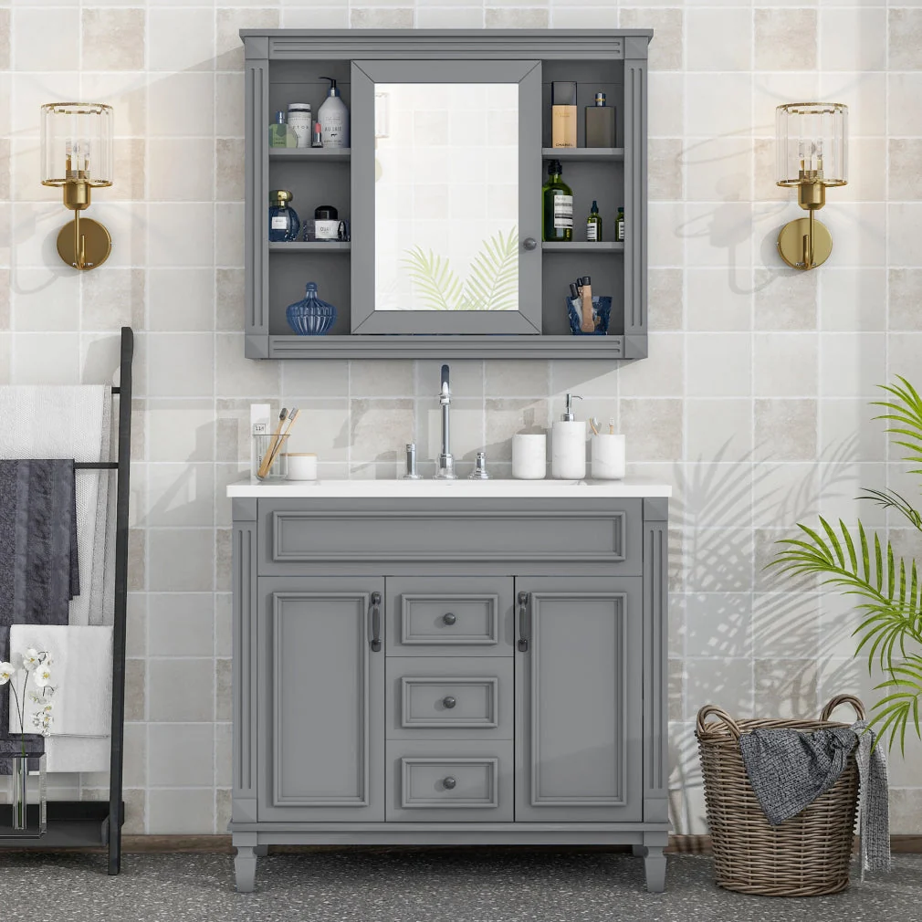 36” Bathroom Vanity Set With Ceramic Sink Top, Mirror Cabinet, 2 Doors And 2 Drawers – Gray