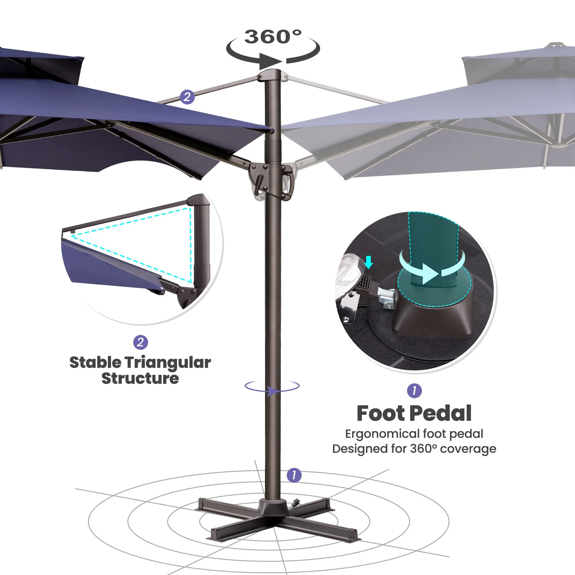 Pellebant 11 ft. x 9 ft. Rectangular Double Top Patio Cantilever Umbrella, Black