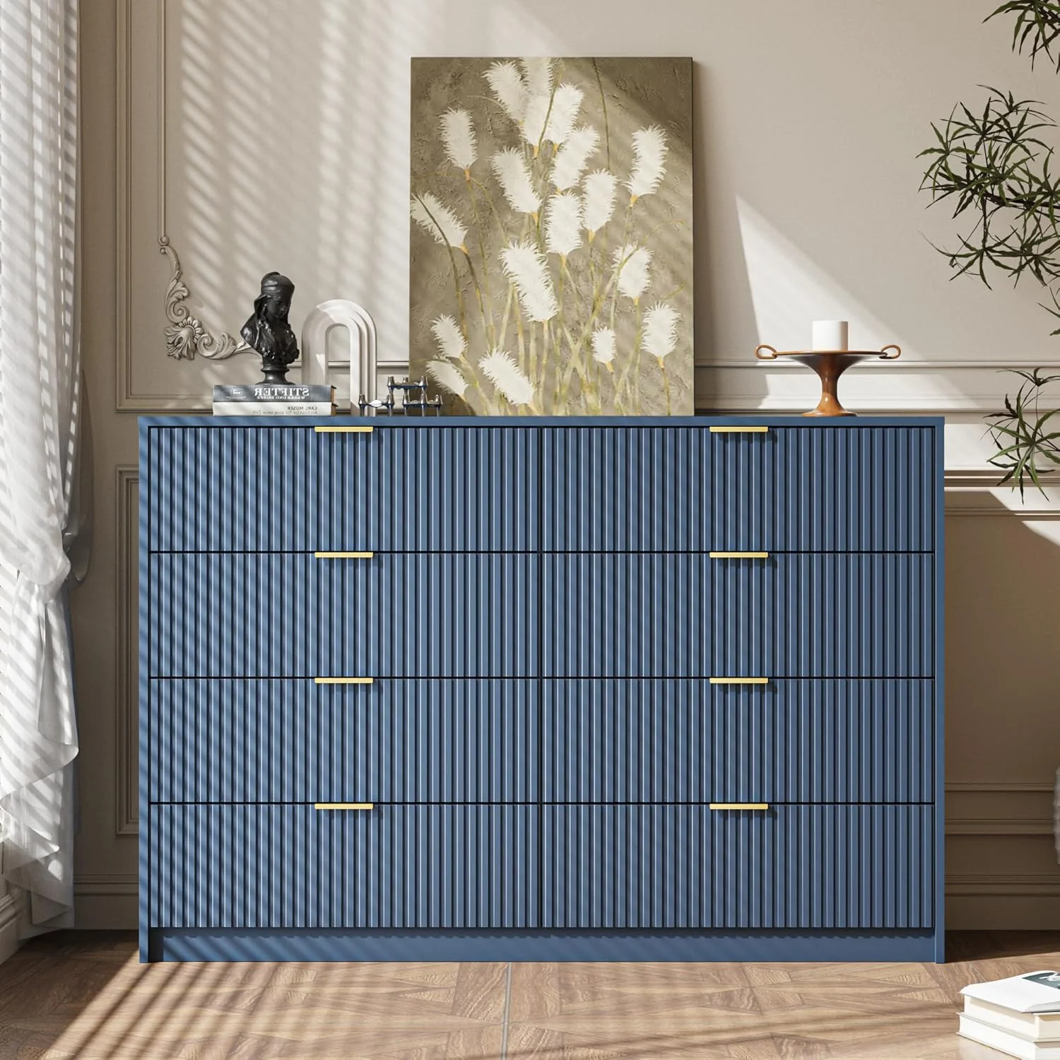 Furniway Black Dresser for Bedroom, 8 Drawer Double Dresser, Modern Chest of Drawers for Bedroom, Living Room, Entryway and Closet, 55" L x 15.7" D x 37.4" H