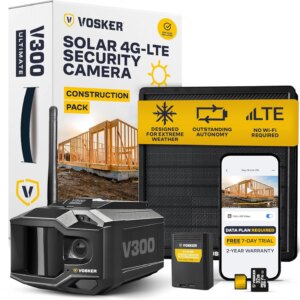 Vosker Outdoor Security Camera With External Solar Panel, 4G LTE, Black, Single Unit With Battery - V300 Ultimate Construction Pack