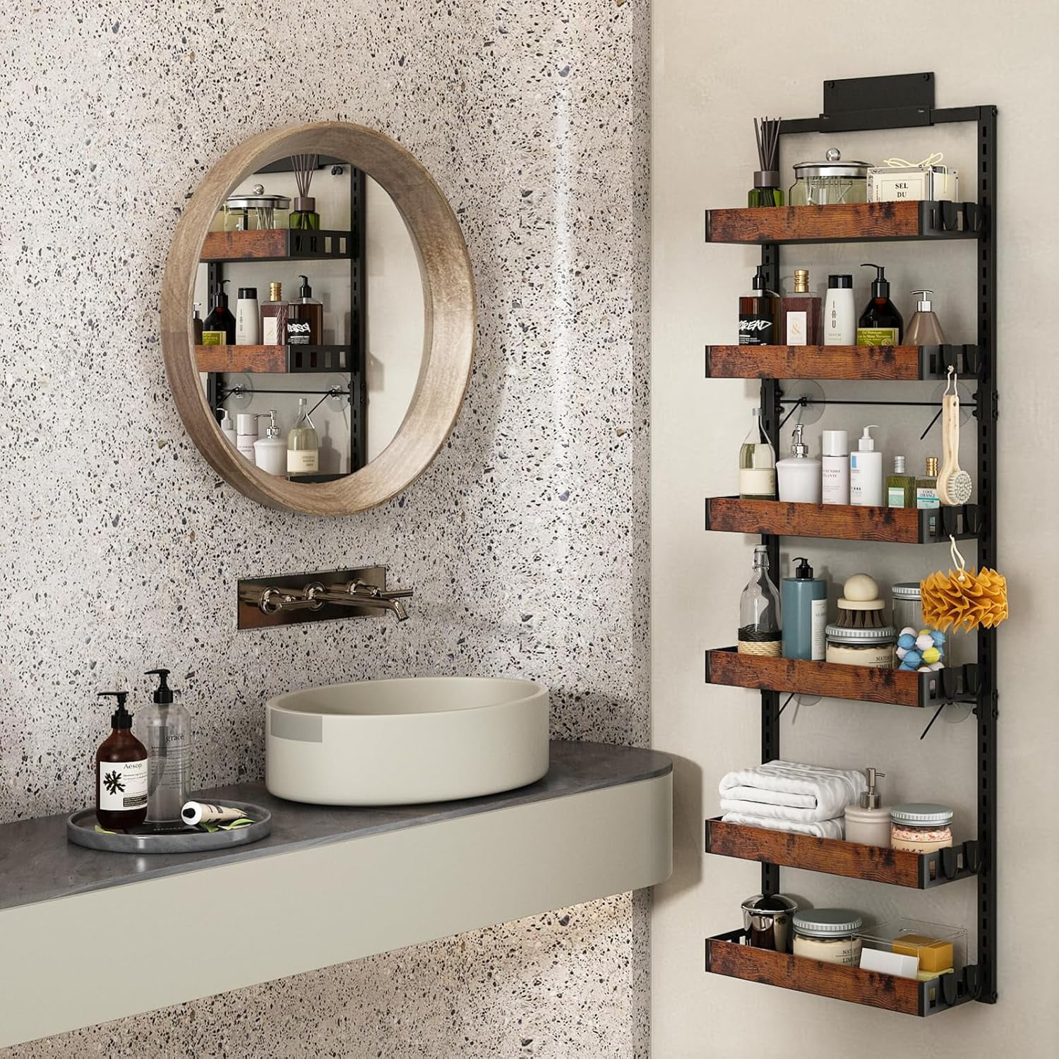 Over the Door Pantry Organizer, 6-Tier Adjustable Wooden Basket Kitchen Pantry Door Organization and Storage, Heavy-Duty Metal Hanging Kitchen Spice Rack,D6.3 x W17.71 x H50.60 inch,1 Pack