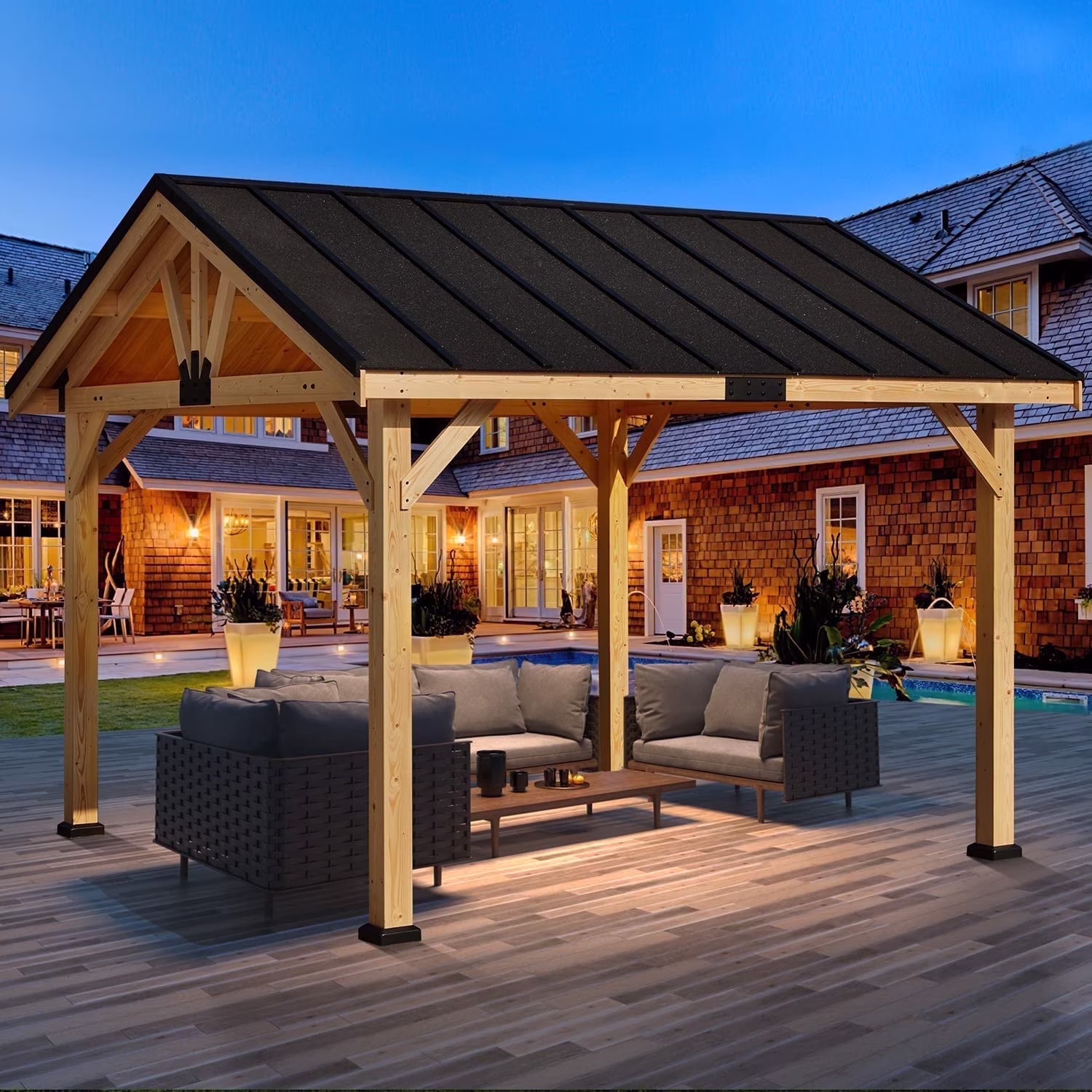 Erommy Hardtop Asphalt Roof Spruce Wood Gazebo 11 x 12 ft