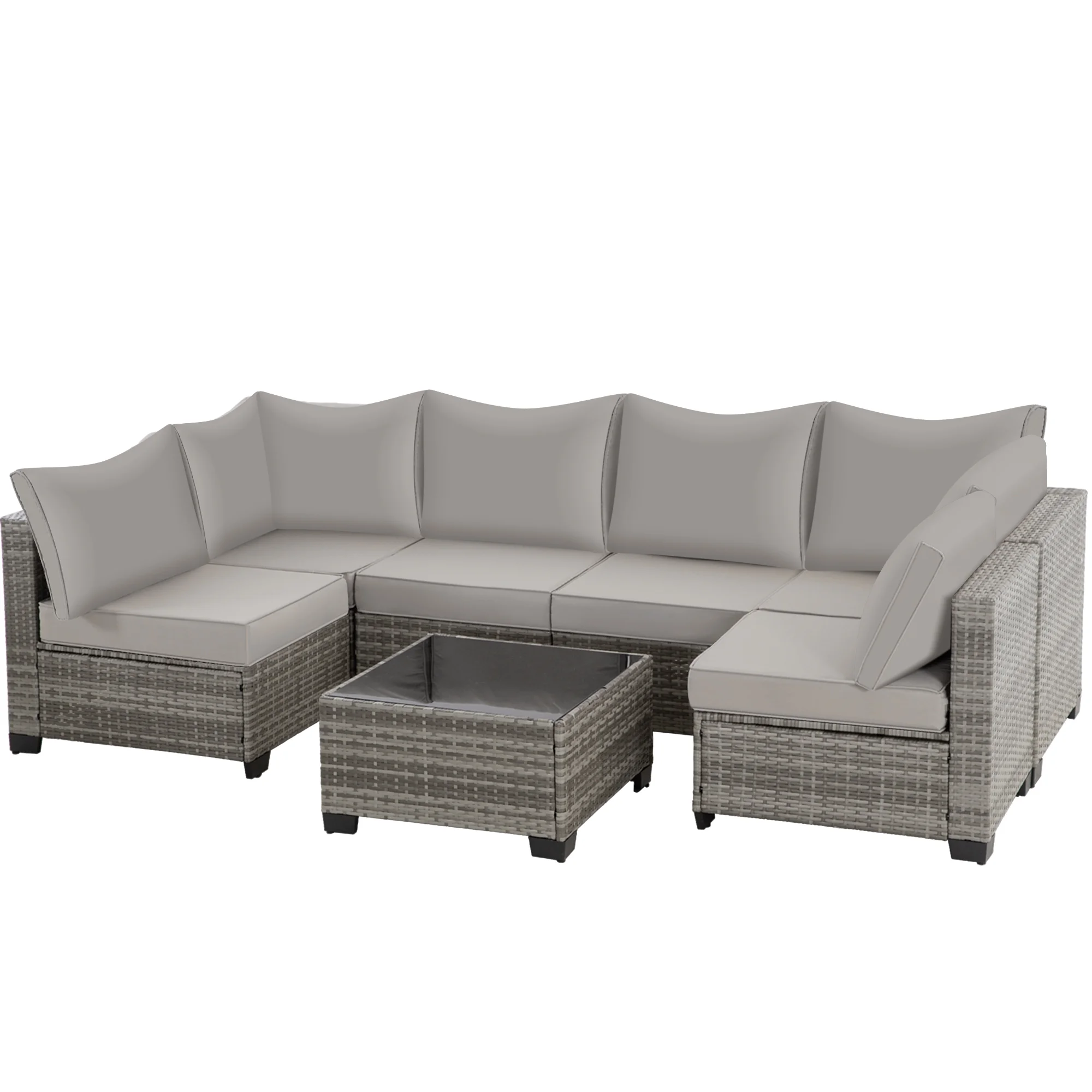 Ainfox 7 Pcs Outdoor Patio Furniture Sofa Set, Grey Rattan Grey Cushion
