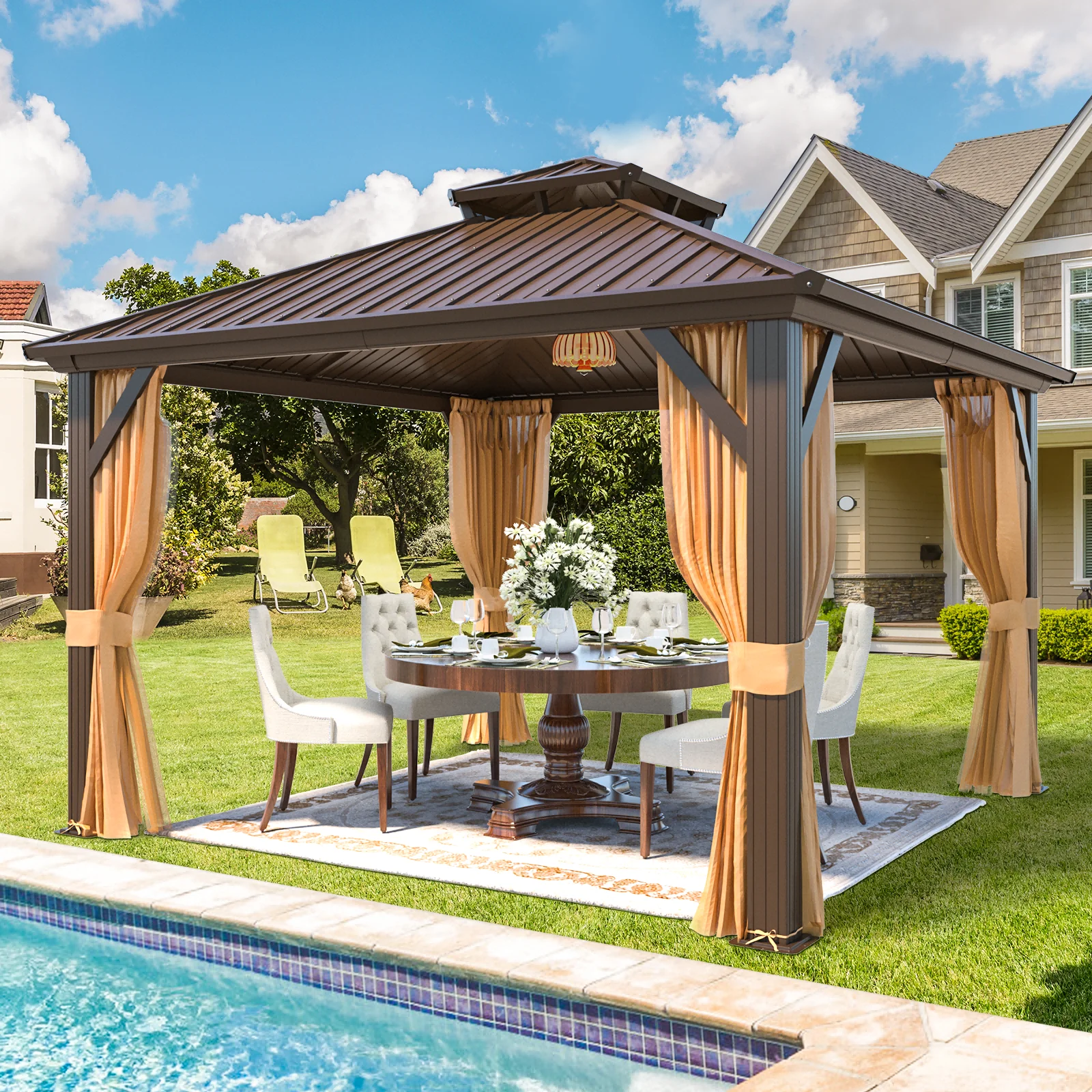 Hommow 10' X 12' Hardtop Gazebo Aluminum Frame Gazebo with Galvanized Steel Double Roof