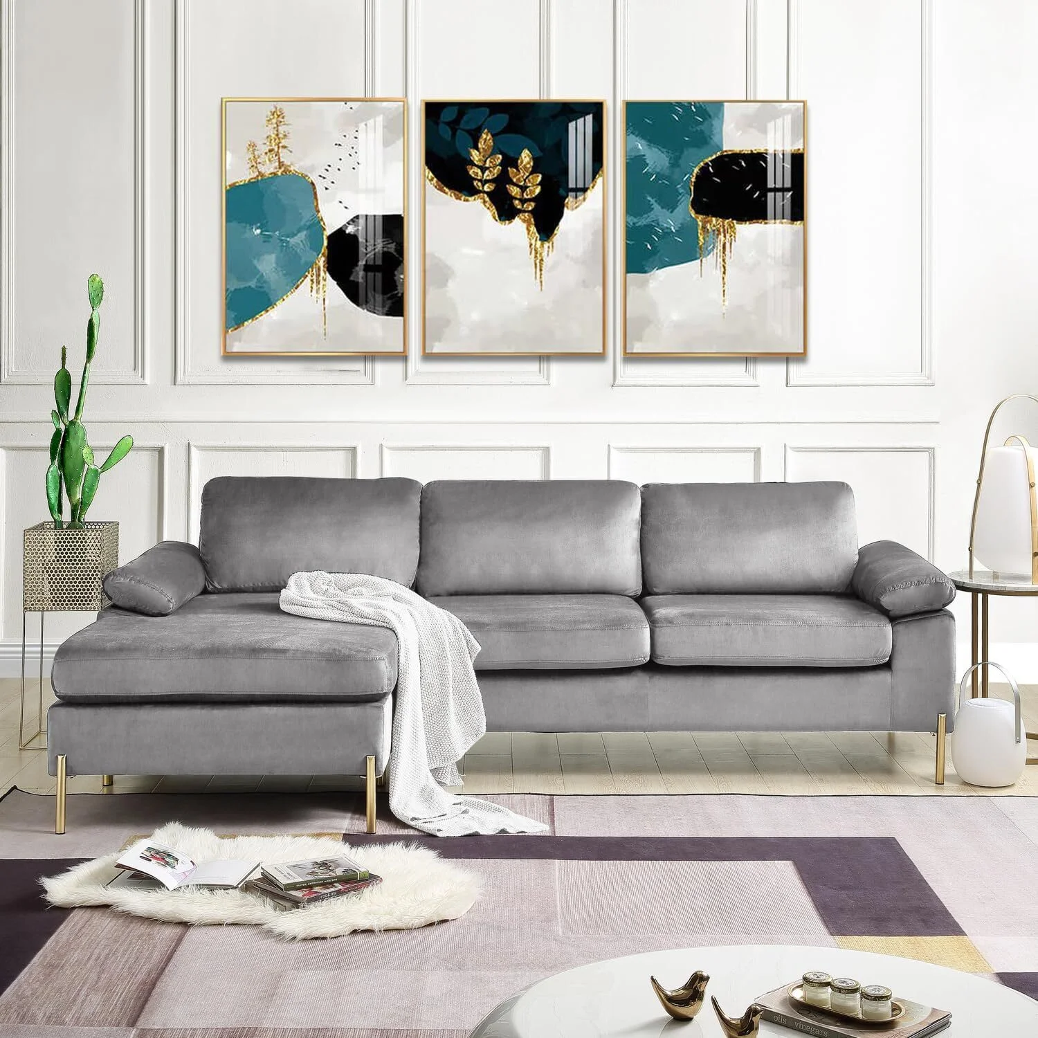 HomeStock Luxe Modern Velvet L-Shape Sectional Sofa with Square Padded Armrests, Solid Pattern Upholstery – 51.6″D x 101.2″W x 33.1″H, Comfortable and Stylish Seating for Living Room-Color:Gray/Gold