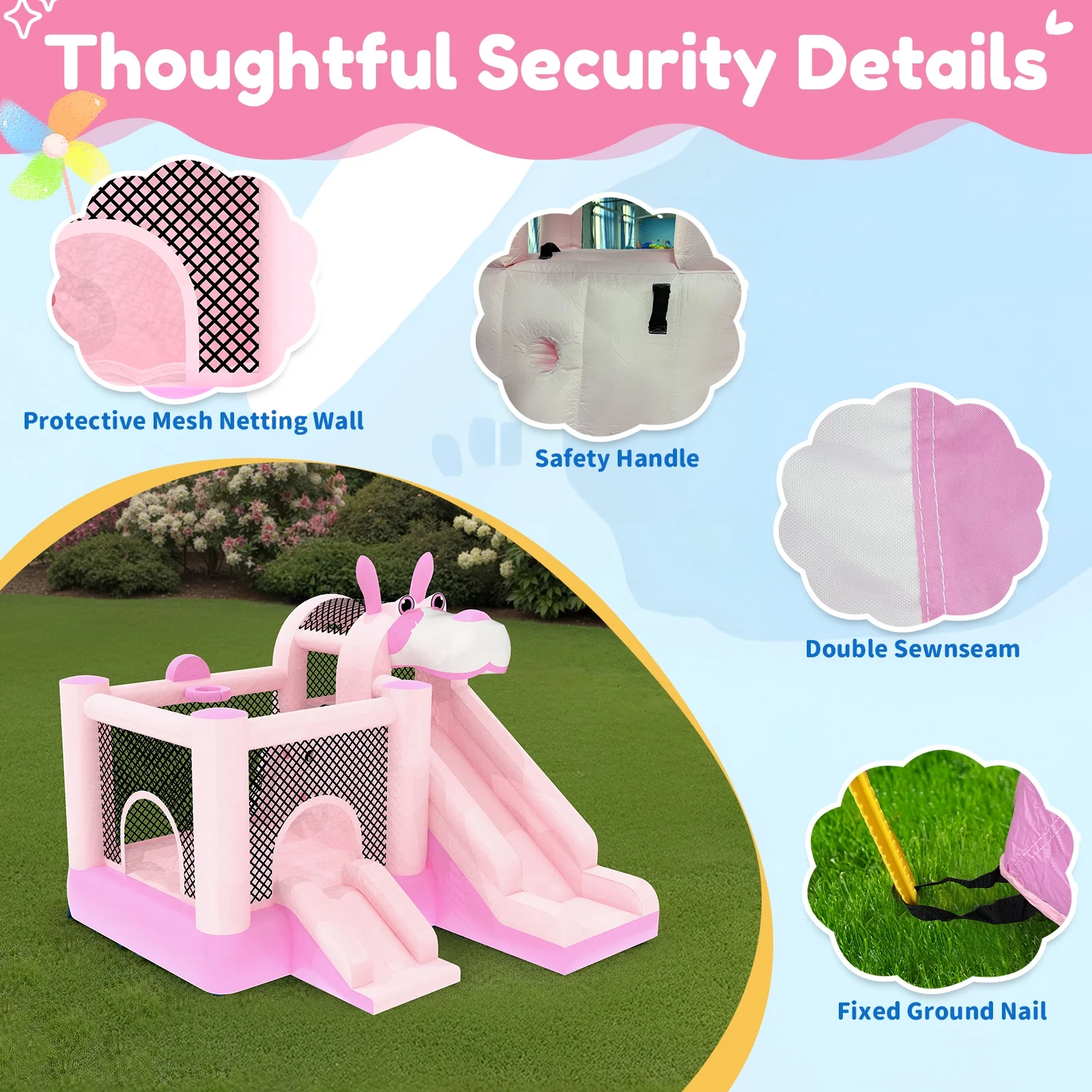 Mukidy 114''x 114'' x 92.5'' Inflatable Bounce Houses for Kids 3-10 with Blower Double Slide and Ball Pit/Indoor Bouncy House, PVC, Child, Teen, Toddler,Blue