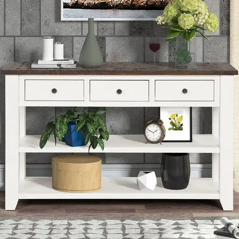 Wood Console Table with 3 Storage Drawers and 2 Shelves