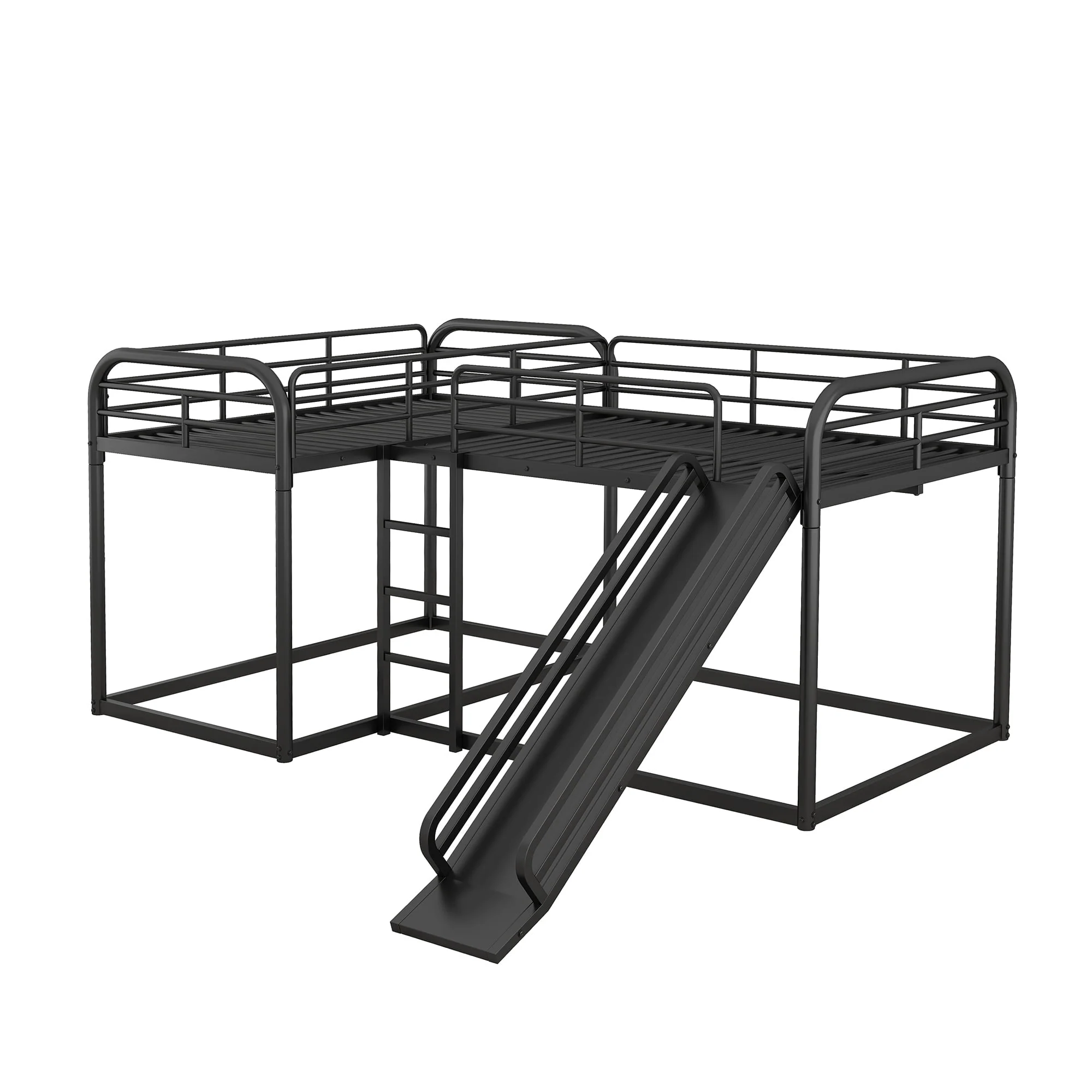 Full and Twin Size L - Shaped Quadruple Metal Bunk Bed with Slide for Kids, Black