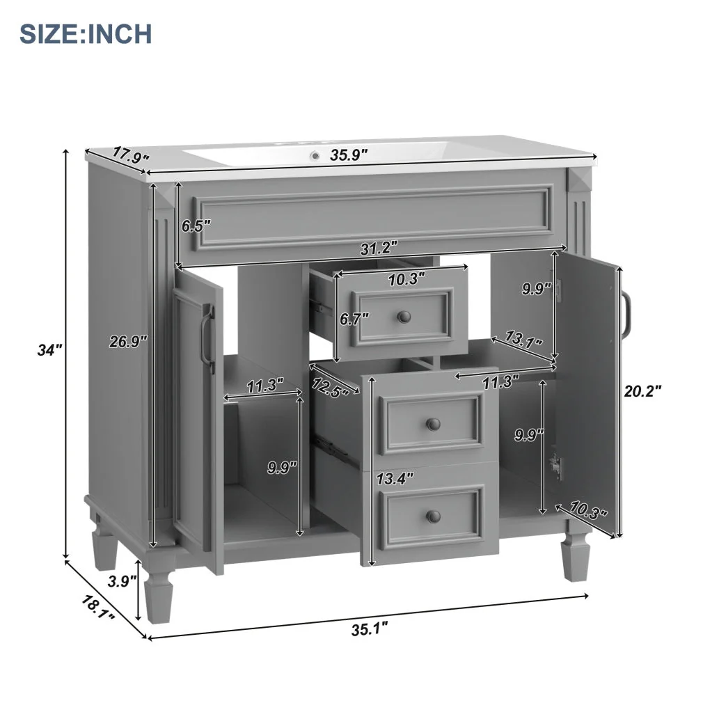36'' Bathroom Vanity Set With Ceramic Sink Top, Mirror Cabinet, 2 Doors And 2 Drawers - Gray