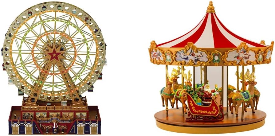 World’s Fair Ferris Wheel Musical Animation Indoor Christmas Decor, 15″, Gold & Very Merry Carousel Musical Animation Indoor Christmas Decor, 12″, Red