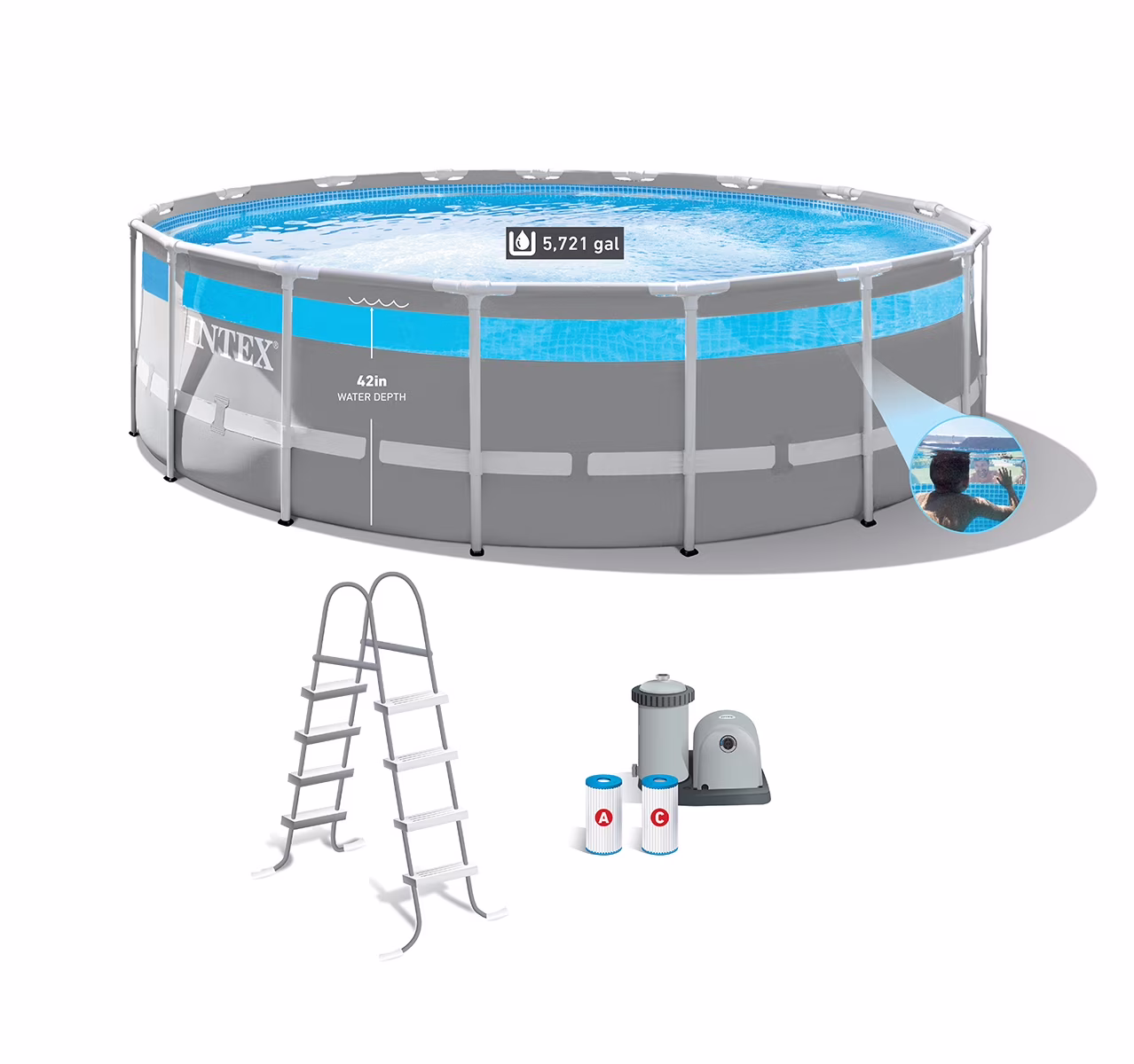 Intex 17′ x 48″ Clearview Prism Frame Above Ground Swimming Pool Set with Pump
