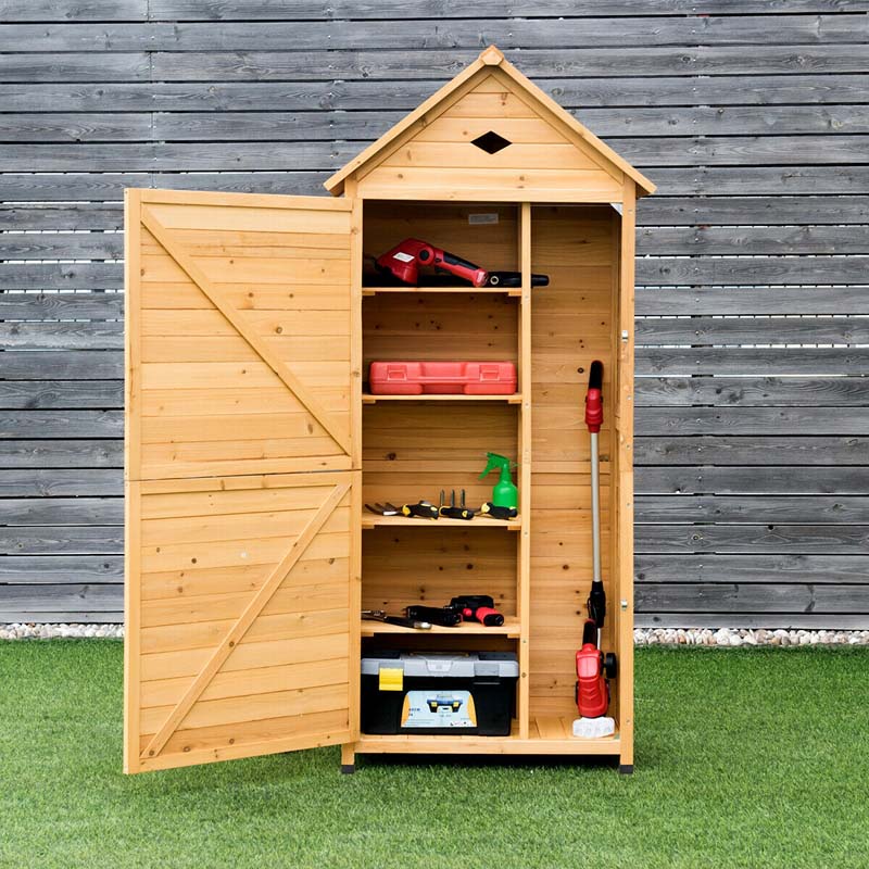 63″ Wood Outdoor Storage Shed Lockable Garden Tools Storage Cabinet with 5 Shelves, Galvanized Sheet Roof