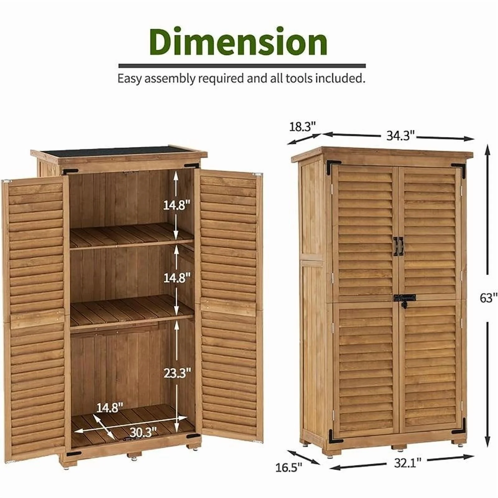 Mcombo 63 inch Tall Outdoor Storage Tool Cabinet Shed with Lock for Yard (34.3" L x 18.3" W x 63" H), Wooden 0870 - N/A Natural