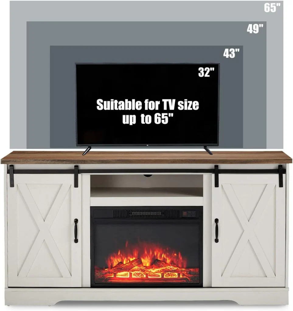 AMERLIFE Fireplace TV Stand with Sliding Barn Door for TVs up to 73", Farmhouse 63" Fireplace Entertainment Center with Storage Cabinets/Adjustable Shelves