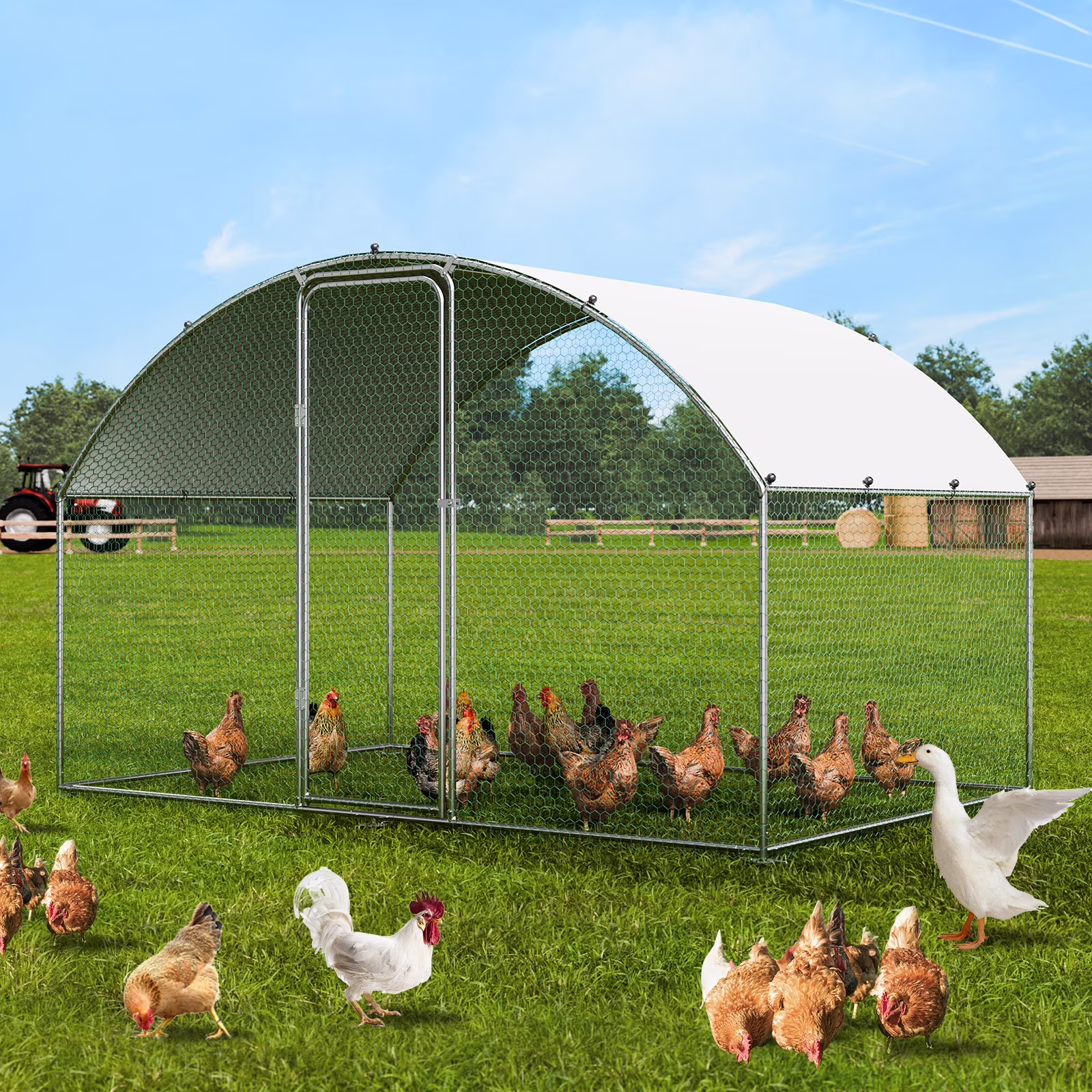 KFFKFF Metal Chicken Coop 9.8 x 6.5 x 6.5 ft Dome Roof Poultry Cage Chicken Run with Waterproof Cover Large Outdoor Walk in Chicken Coop Cage for Backyard, Farm