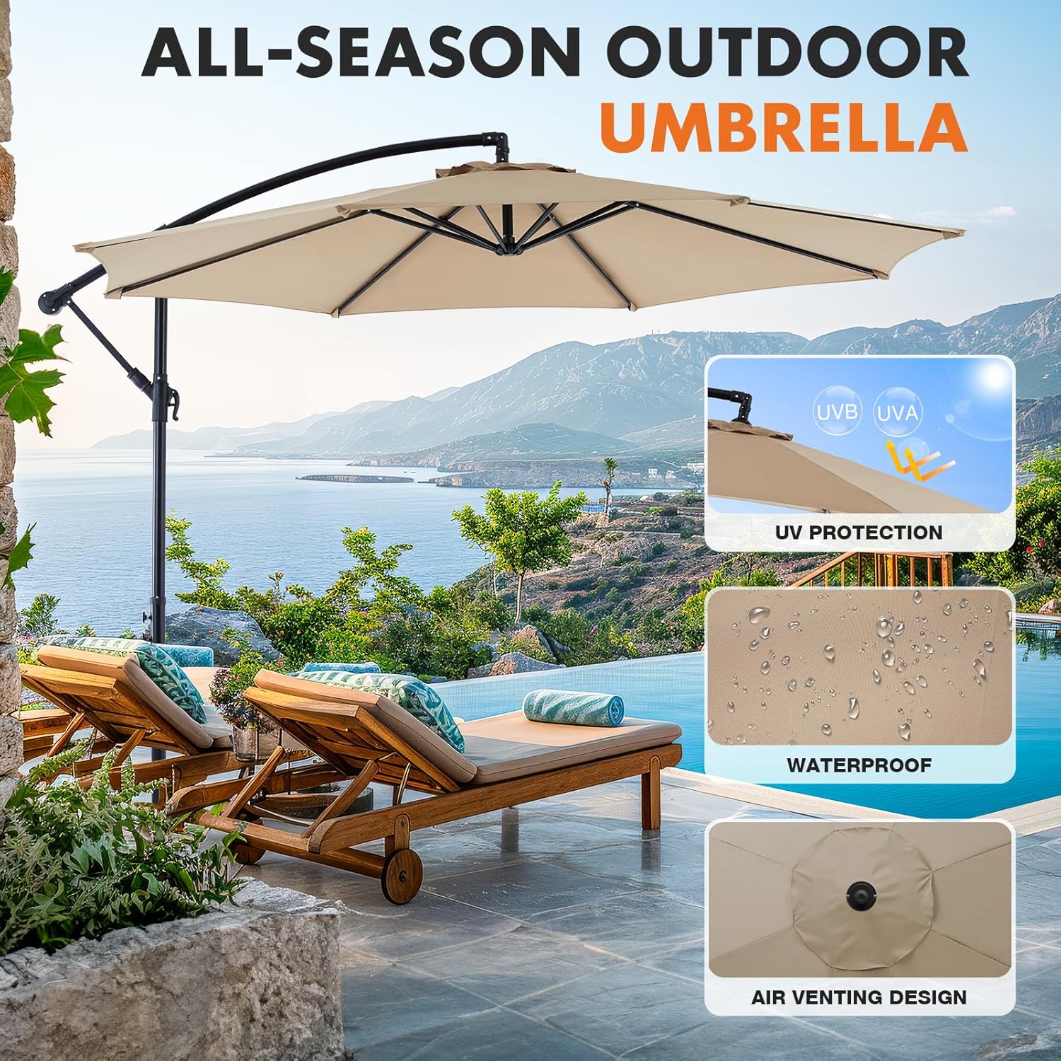 9.8FT Offset Patio Umbrella Hanging Cantilever Umbrella Outdoor Sun Shade with Easy Tilt Adjustment, 8 Ribs, UV Protection for Backyard, Lawn, Garden and Pool, Blue