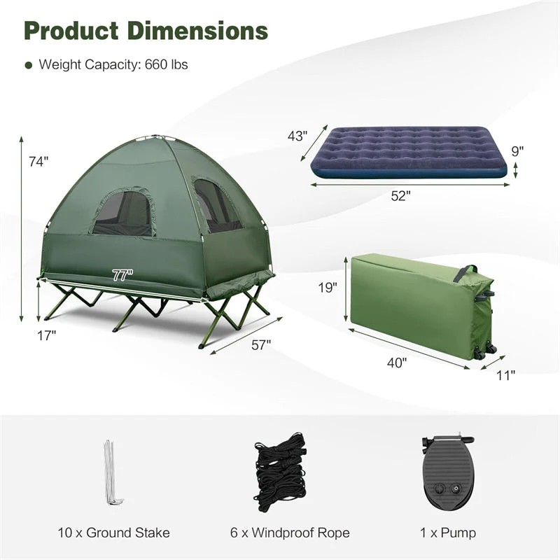 5-in-1 Tent Cot 2-Person Portable Outdoor Camping Tent Combo with Air Mattress Sleeping Bag & Sunshade