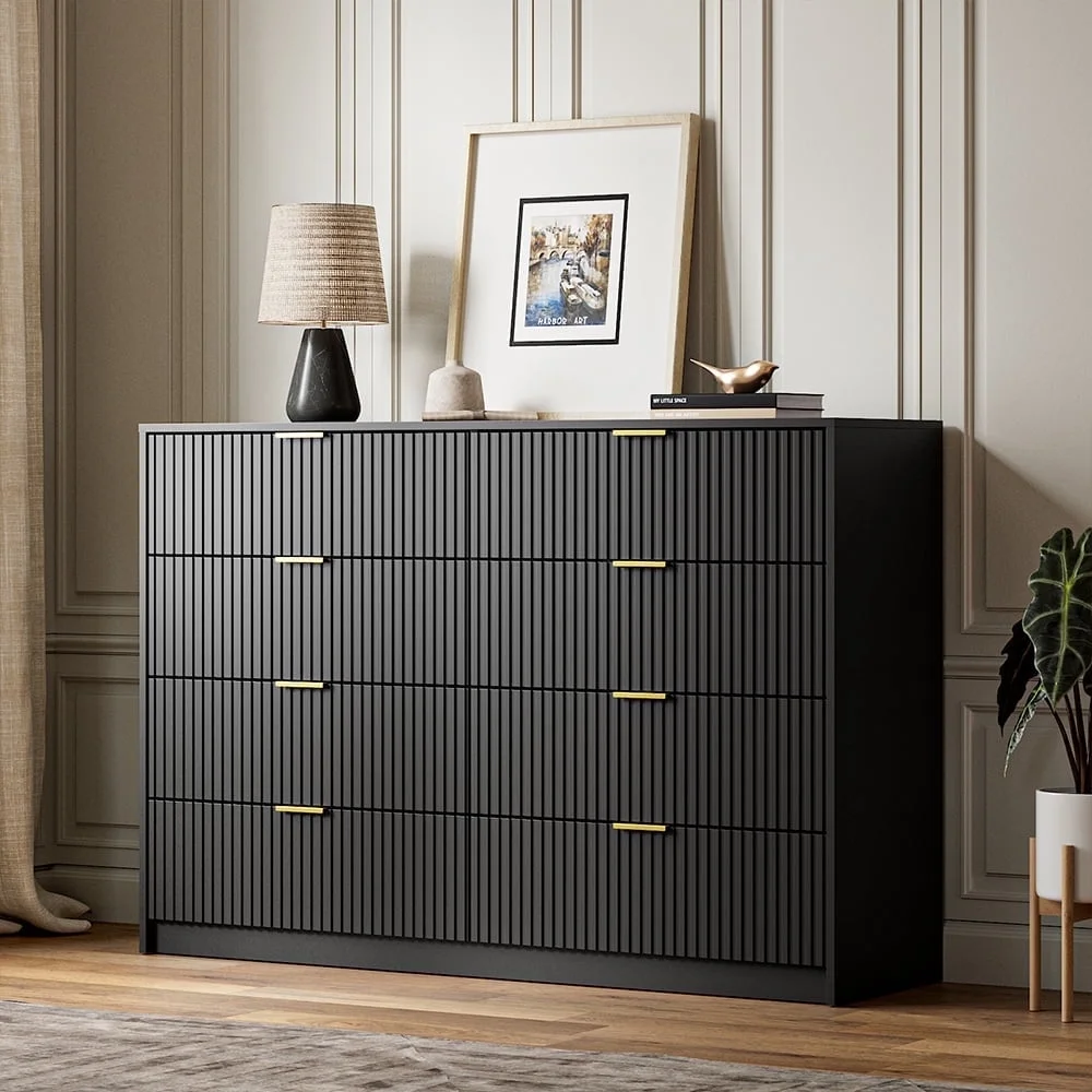 Furniway Black Dresser for Bedroom, 8 Drawer Double Dresser, Modern Chest of Drawers for Bedroom, Living Room, Entryway and Closet, 55" L x 15.7" D x 37.4" H