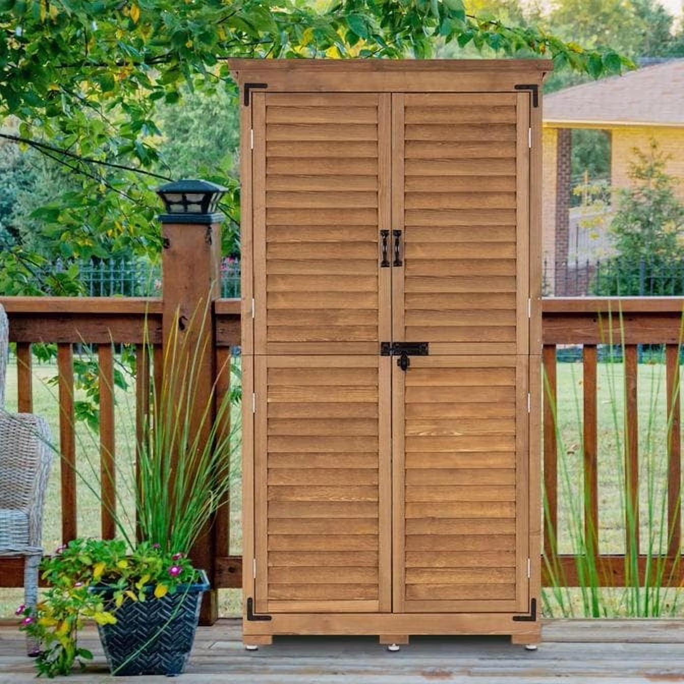 Mcombo 63 inch Tall Outdoor Storage Tool Cabinet Shed with Lock for Yard (34.3″ L x 18.3″ W x 63″ H), Wooden 0870 – N/A Natural