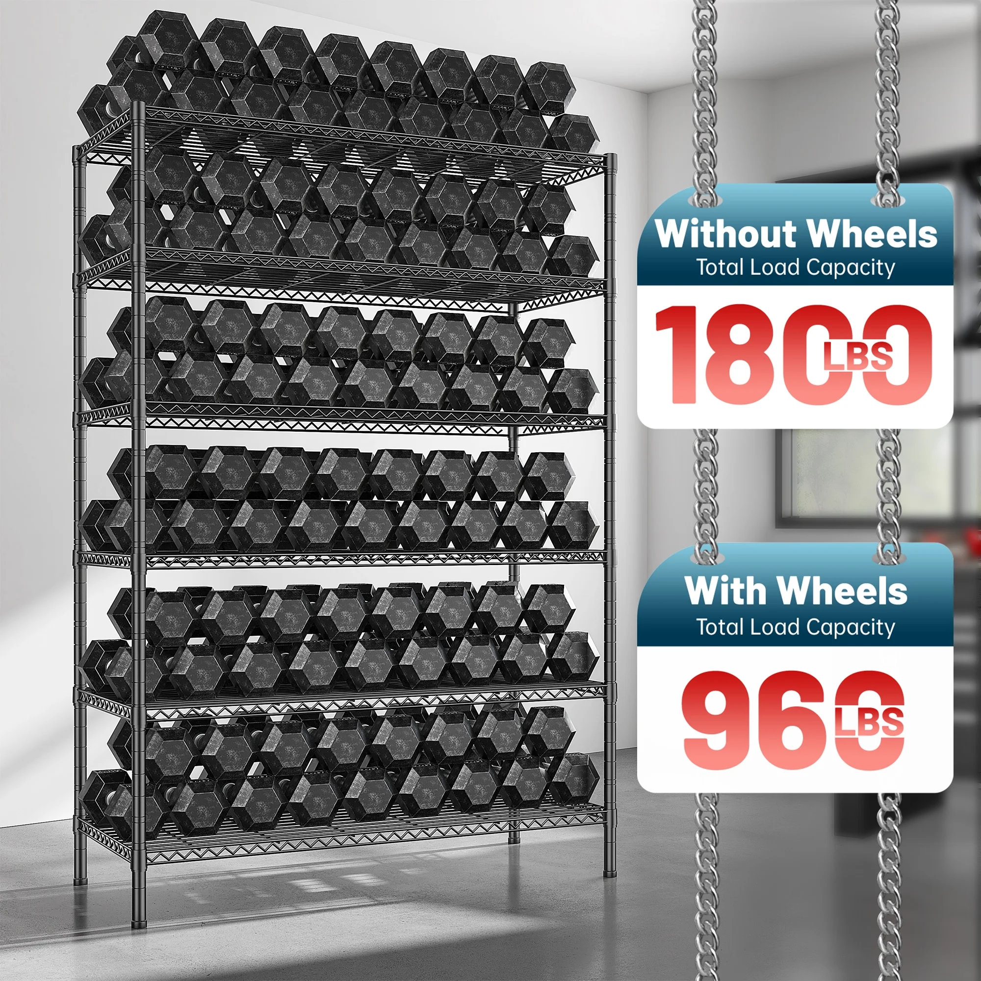 REIBII 6-Tier Wire Shelving Unit with Wheels, 82"H x 45"W x 18"D, 1200LBS Capacity,Adjustable Metal Storage Shelves for Garage,Kitchen,Pantry,Black
