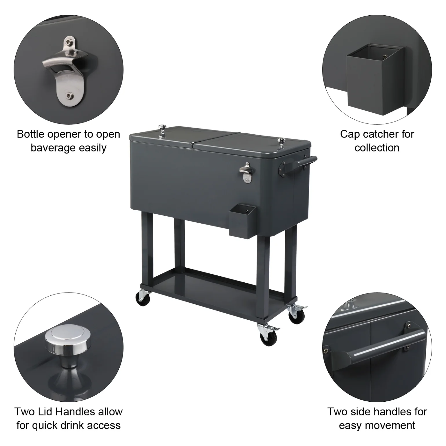 80Qt All-In-One Cooler Cart With Bottle Opener, Lower Storage Shelf and Cap Catcher, Outdoor Party Rolling Cooler With Lockable Wheels For Pool Side, Patio, Balcony, Mint(33.07 x 15.16 x 35.83)"