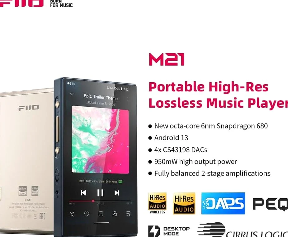 FiiO Hi-Res Music Player, Android 13, Snapdragon 680, 64 GB, Blue-Black – M21