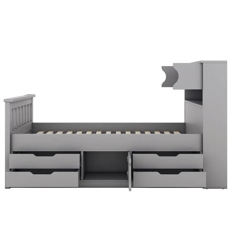 Twin/Full Size Captain Platform Bed with 4 Drawers and Storage Shelves, Solid Wood Bed Frame with Storage Bookcase Headboard